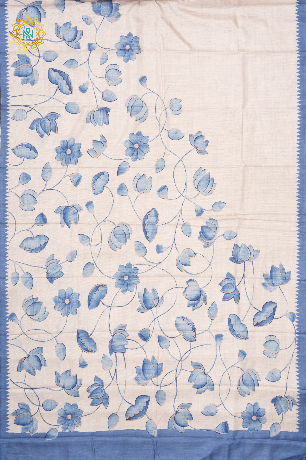 OFF WHITE WITH BLUE - SEMI TUSSAR SILK