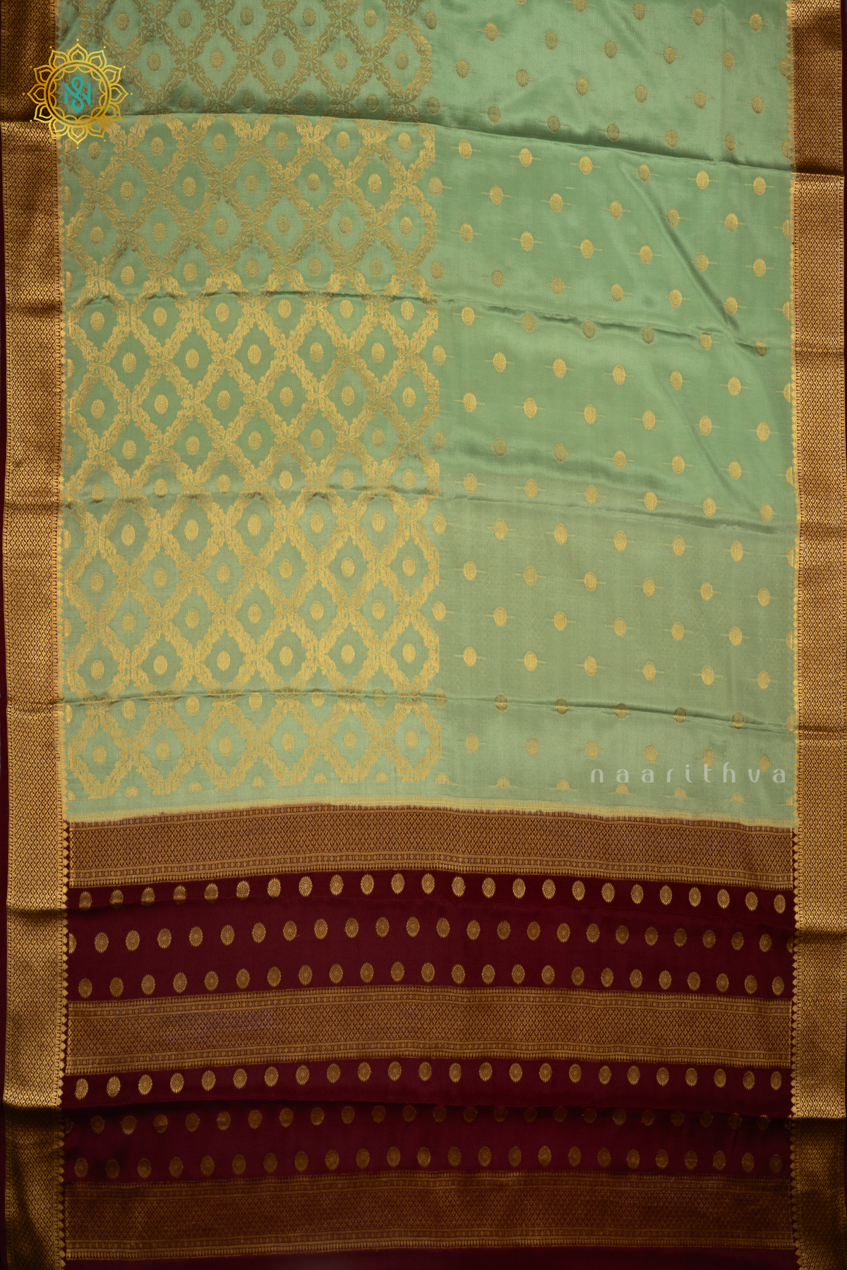 PISTA GREEN WITH WINE - PURE MYSORE CREPE SILK