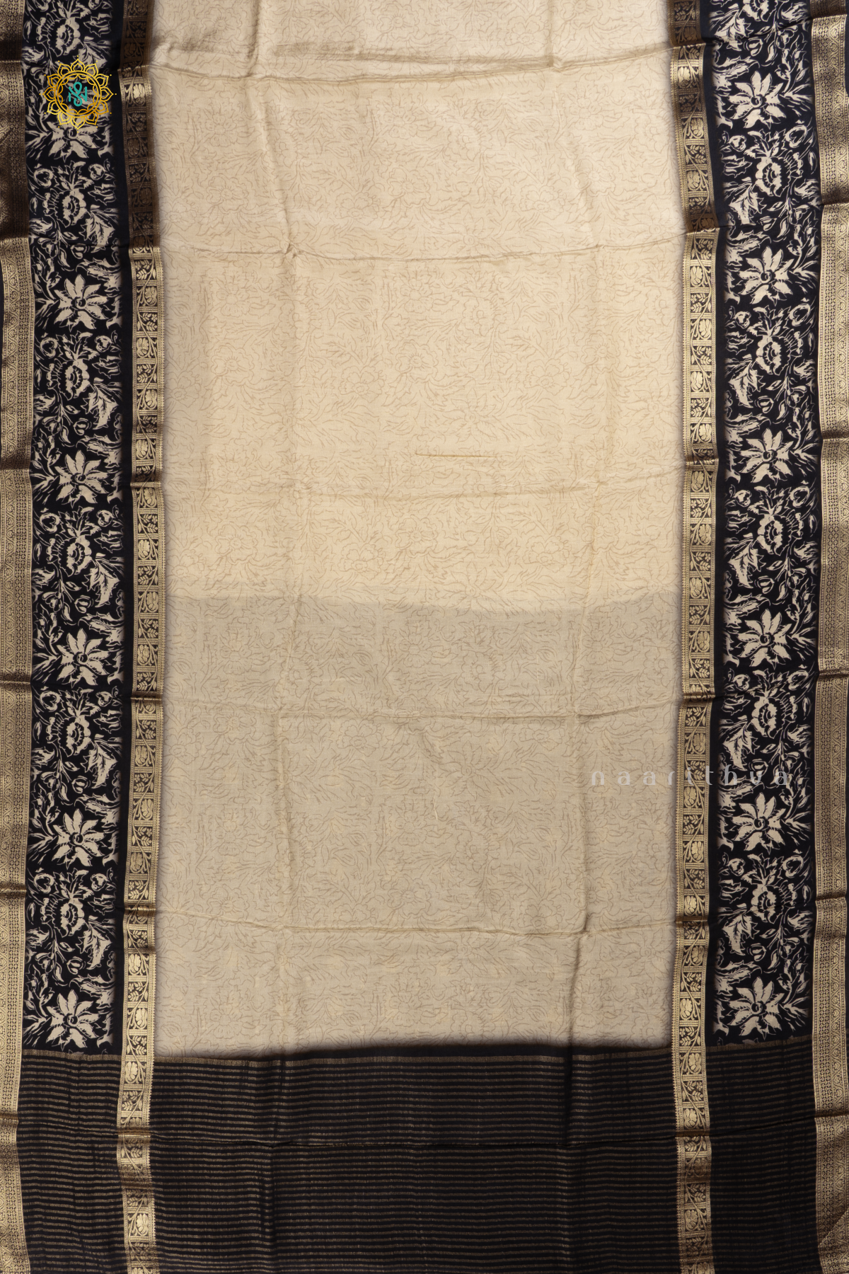 Off White With Black Printed Semi Crepe Silk Saree With Contrast Bentex Zari Border & Pallu