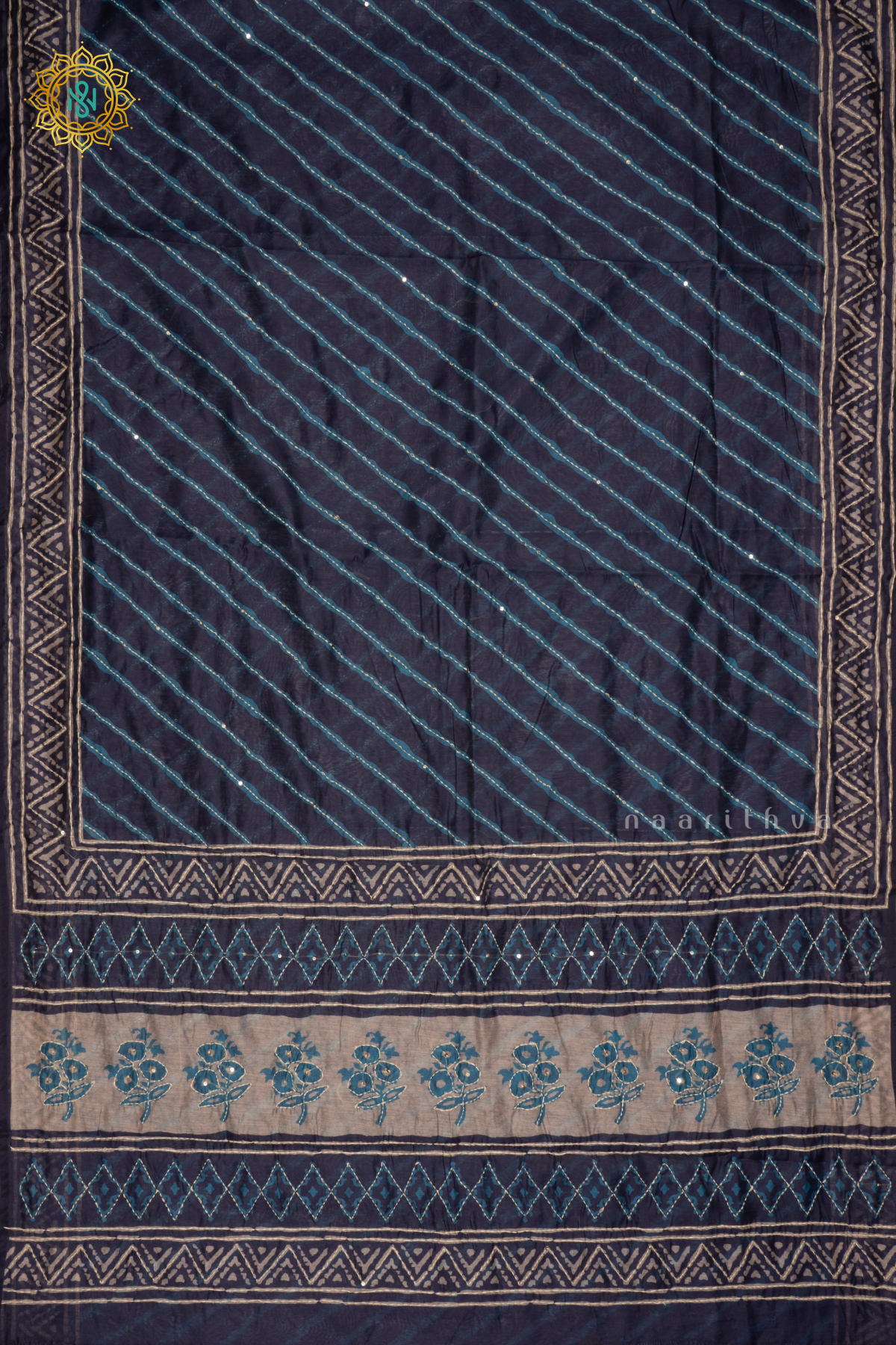Indigo Chanderi Cotton Saree With Printed Body And Katha Work All Over