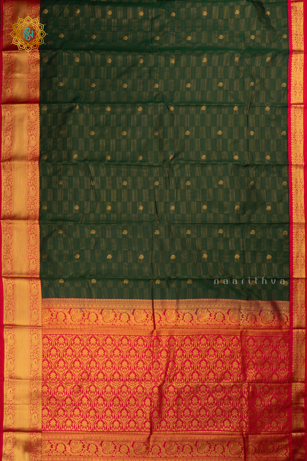 Bottle Green with Rani Pink Semi Kanchi Saree With Zari Buttas All Over And Contrast Zari Border