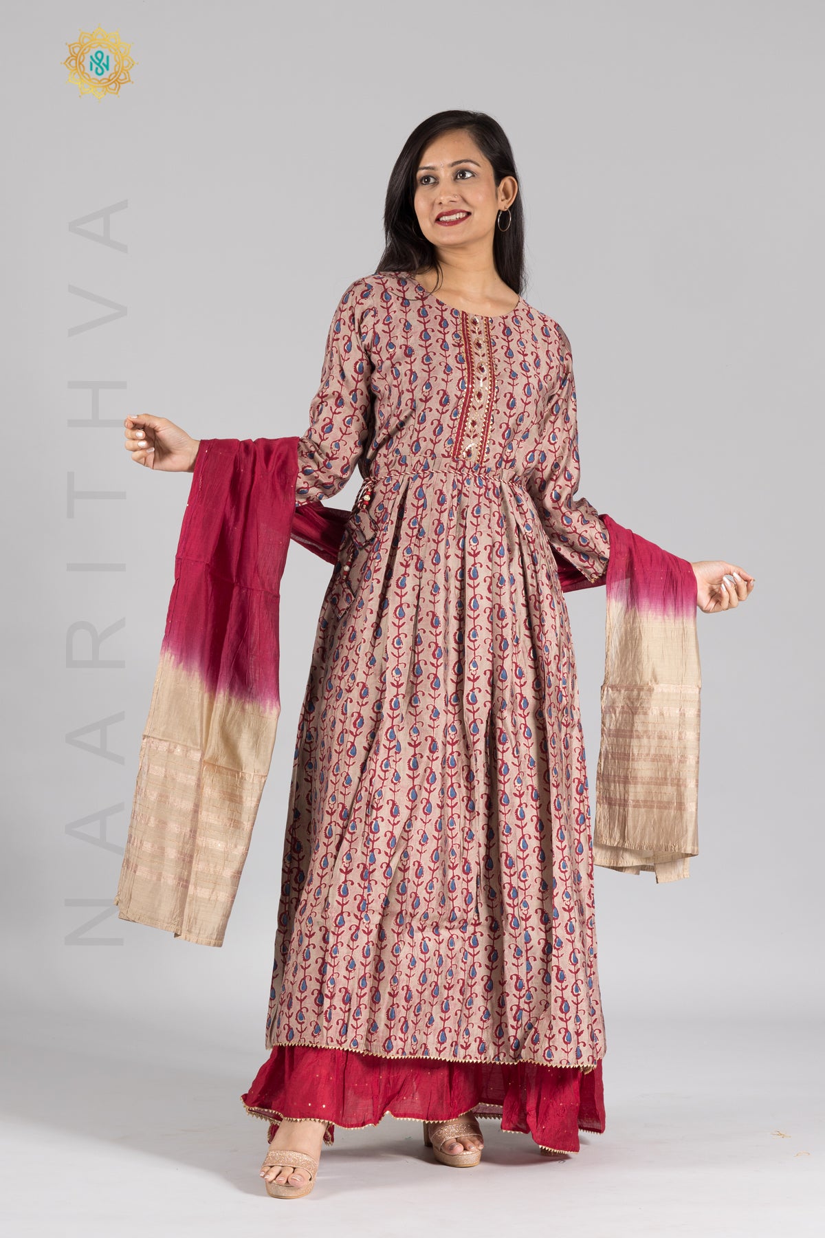 GREY WITH MAROON - PRINTED KURTI & DUPATTA WITH LAYERED FRILLED PATTERN