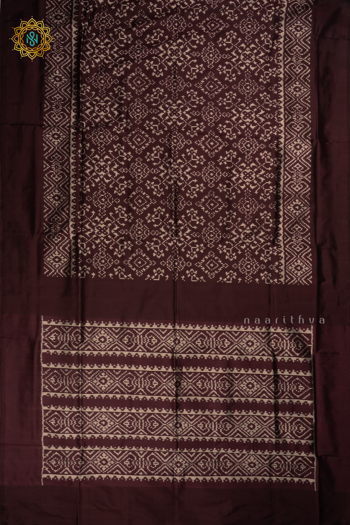 Deep Wine Ikkat Pure Silk Saree with Patola Printed Body and Plain Border