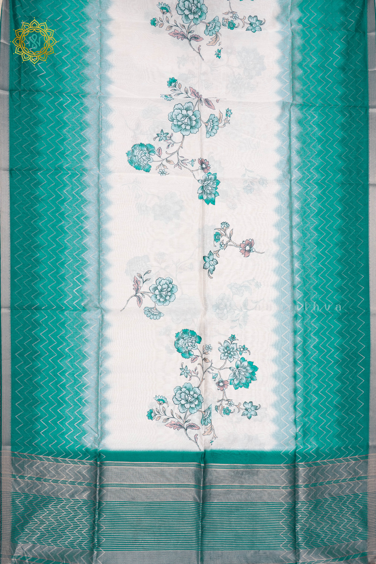 OFF WHITE WITH AQUA GREEN - SEMI TUSSAR