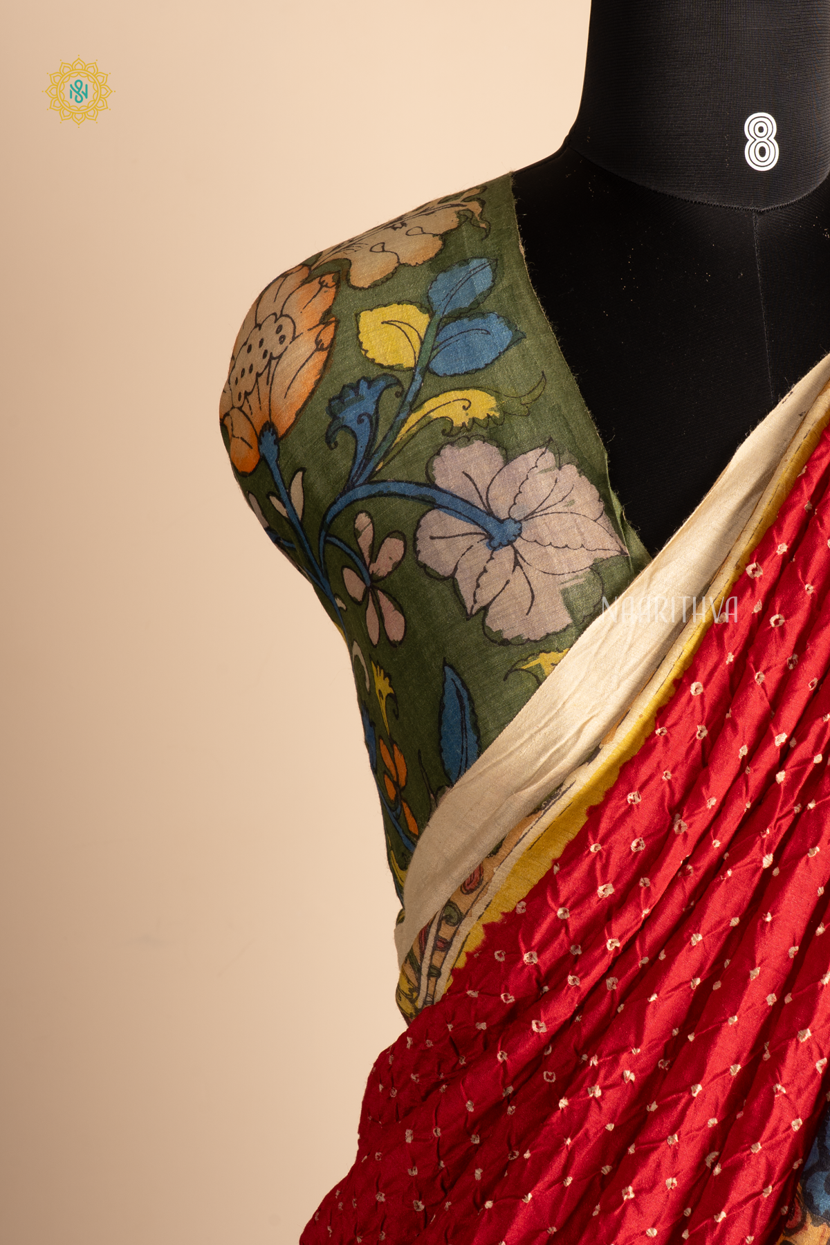 Red Pure Tussar Silk Saree with All-Over Small Bhandhini Tie-Dye Design and Hand-Painted Pen Kalamkari Work on the Border, Pallu and Blouse