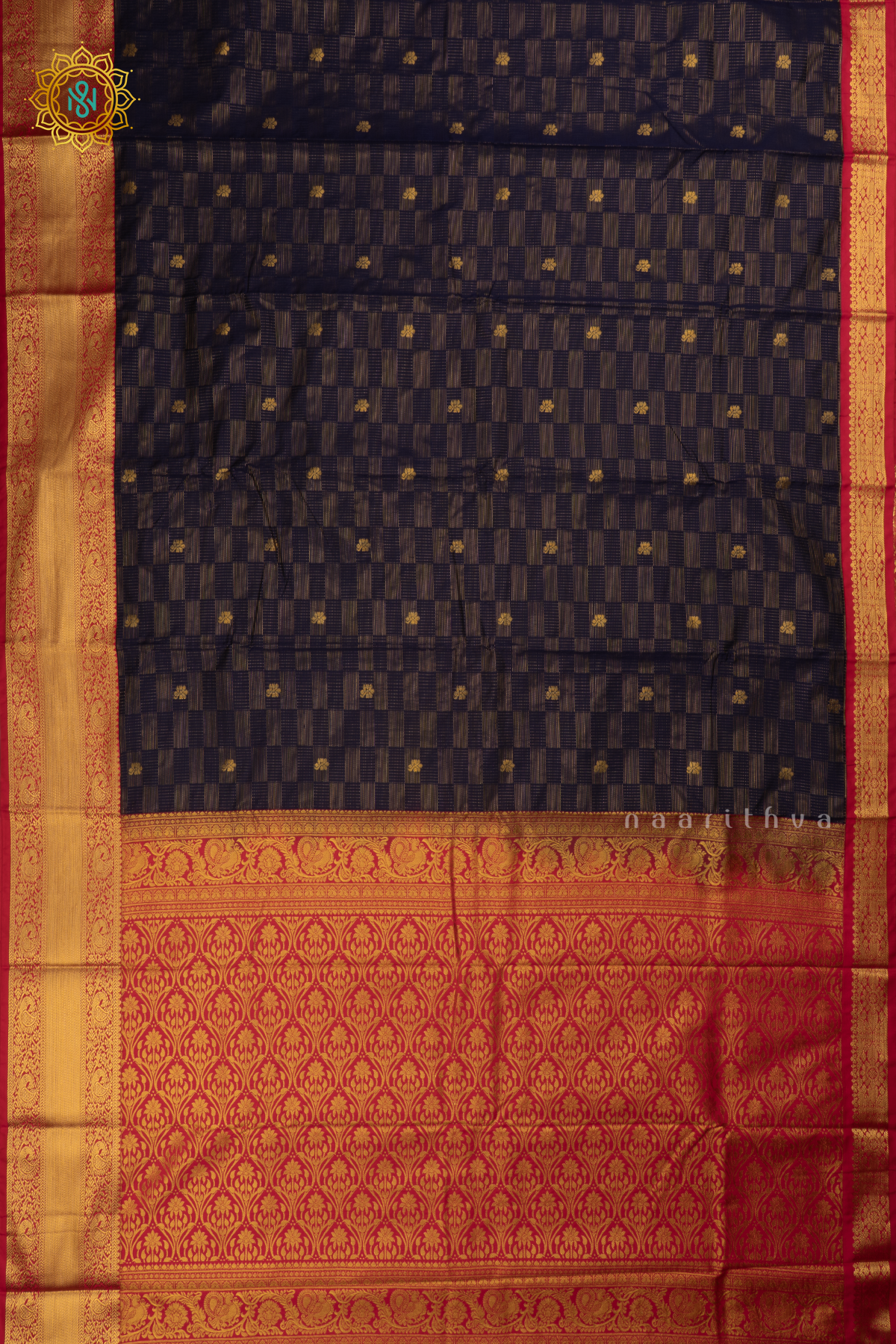Navy Blue with Rani Pink Semi Kanchi Saree With Zari Buttas All Over And Contrast Zari Border