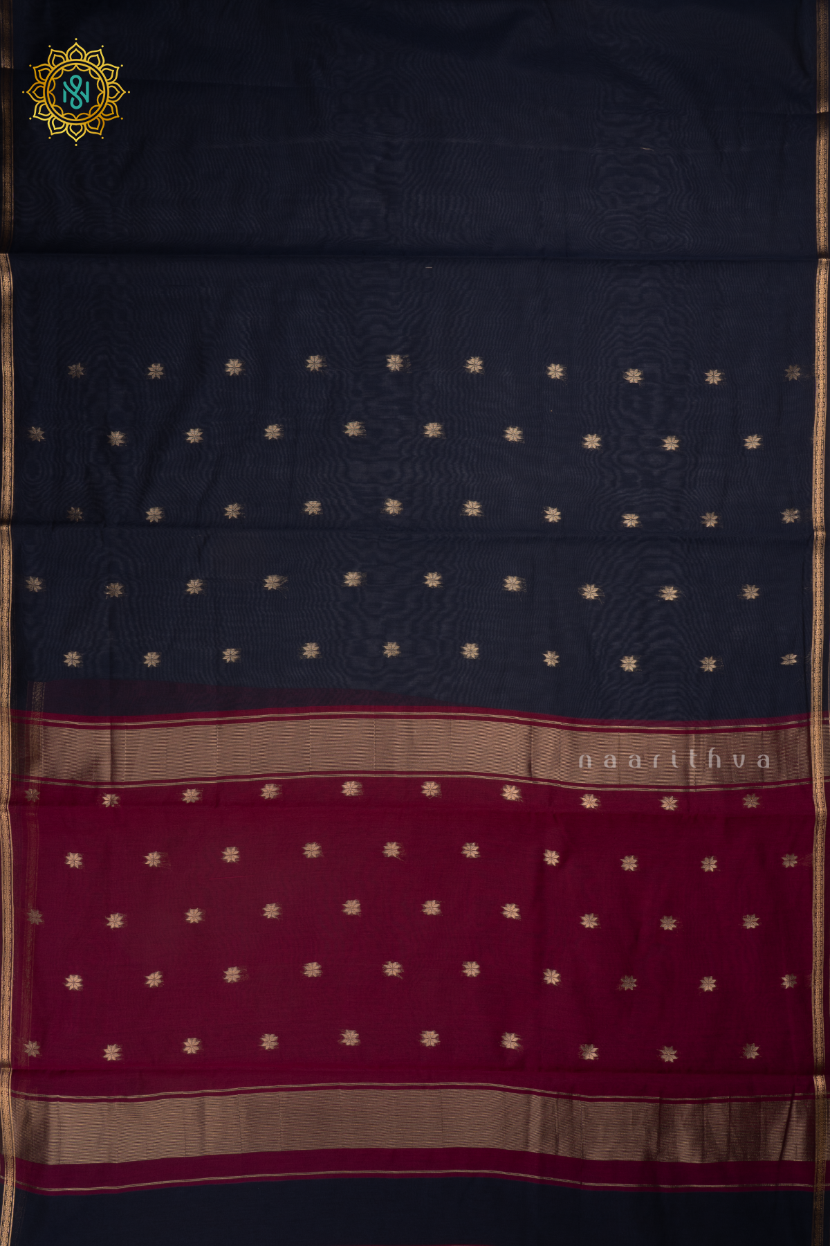 Navy Blue With Wine Silk Cotton Saree With Zari Woven Buttas And Contrast Zari Border