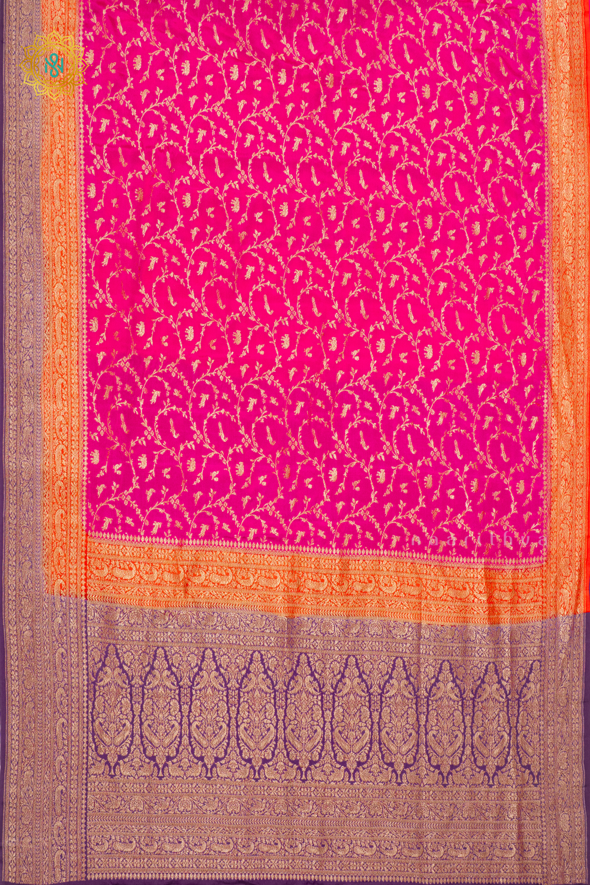 PINK WITH ORANGE & PURPLE - PURE BANARASI CREPE SILK