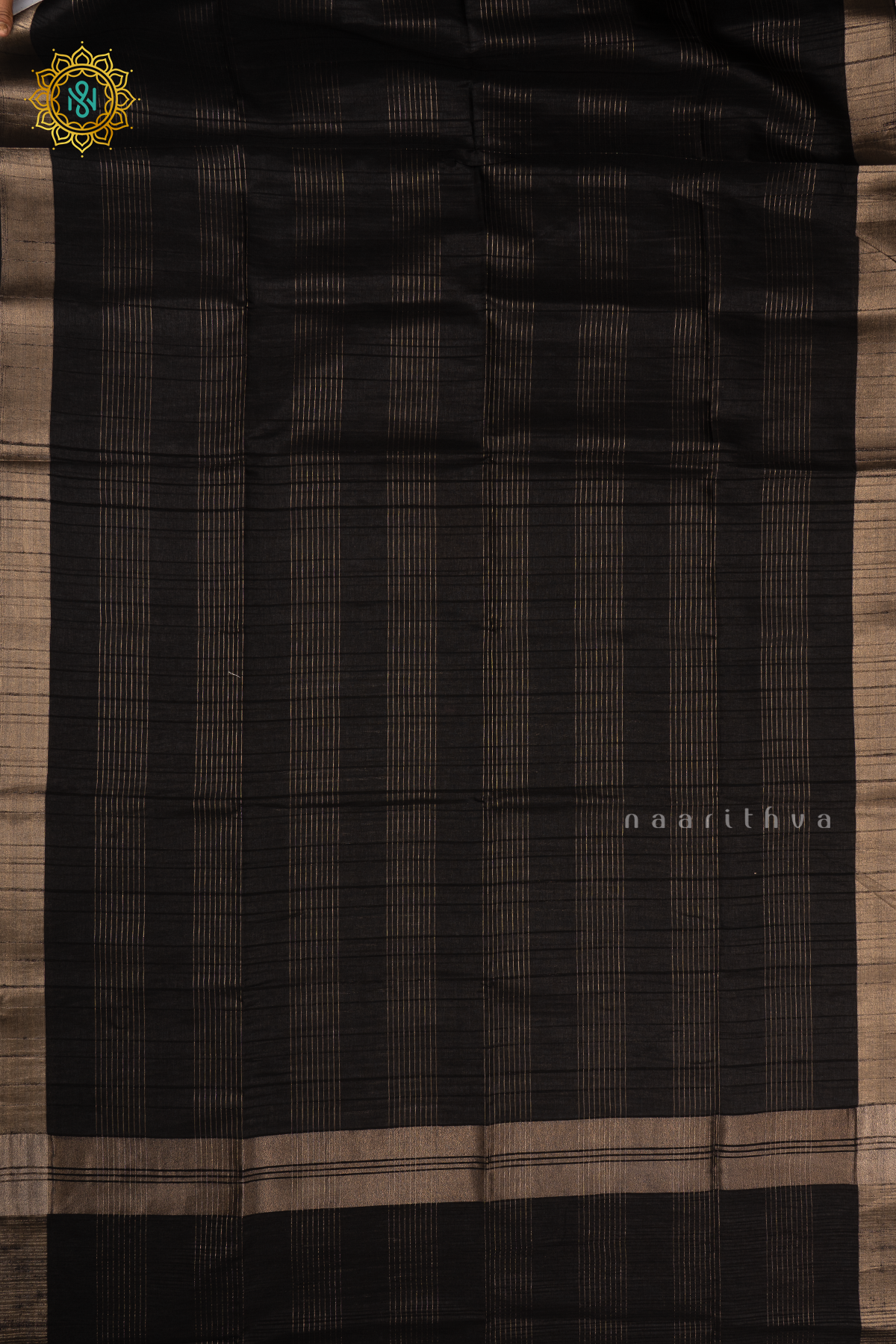 Black Semi Tussar Silk Saree With Zari Stripes On The Body And Zari Border