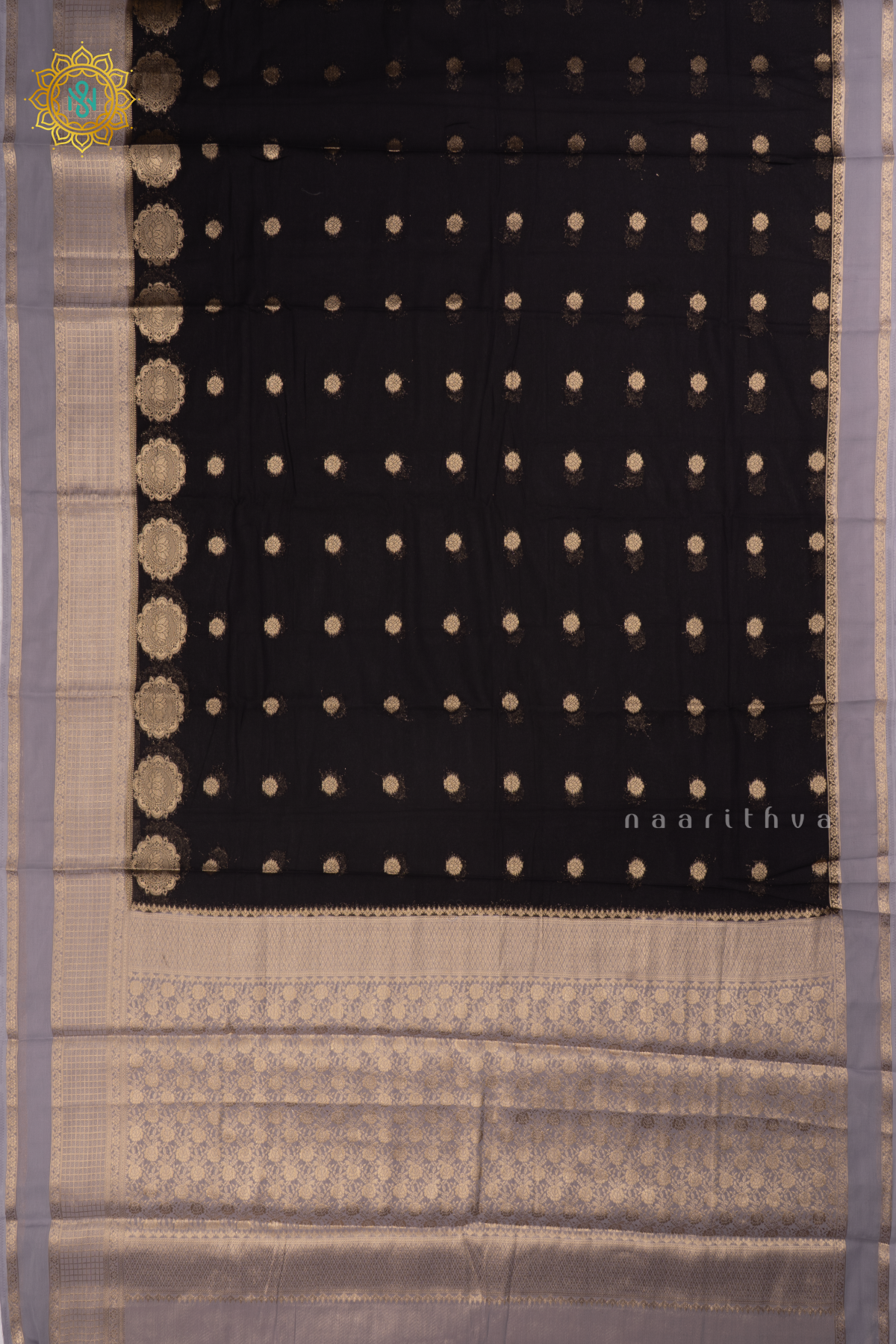 Black with Grey Semi Chiffon Georgette Saree with Allover Zari Buttas and Zari Checks Border