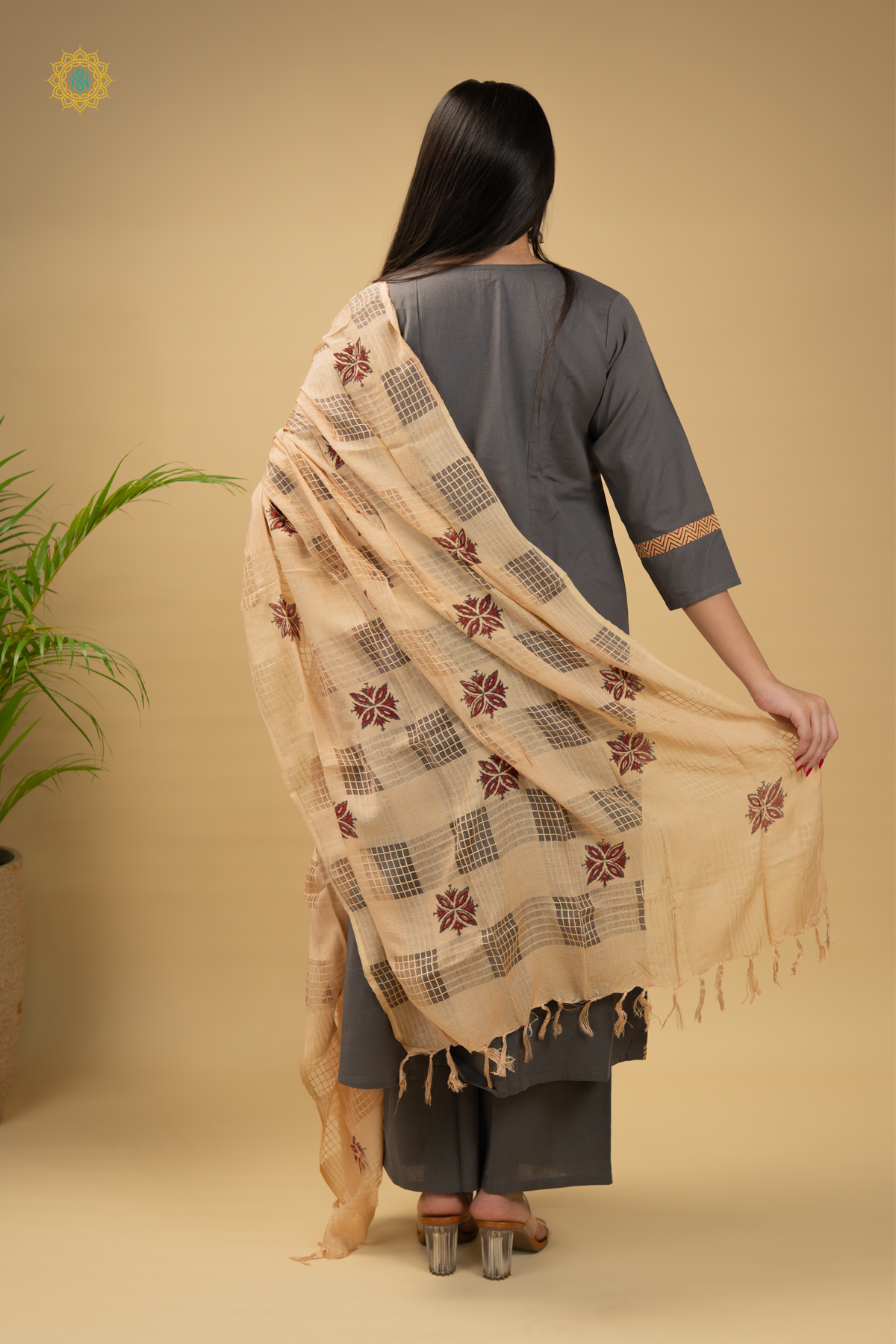 ELEPHANT GREY WITH BEIGE - COTTON 3PC SALWAR SUIT WITH TOP, BOTTOM & DUPATTA