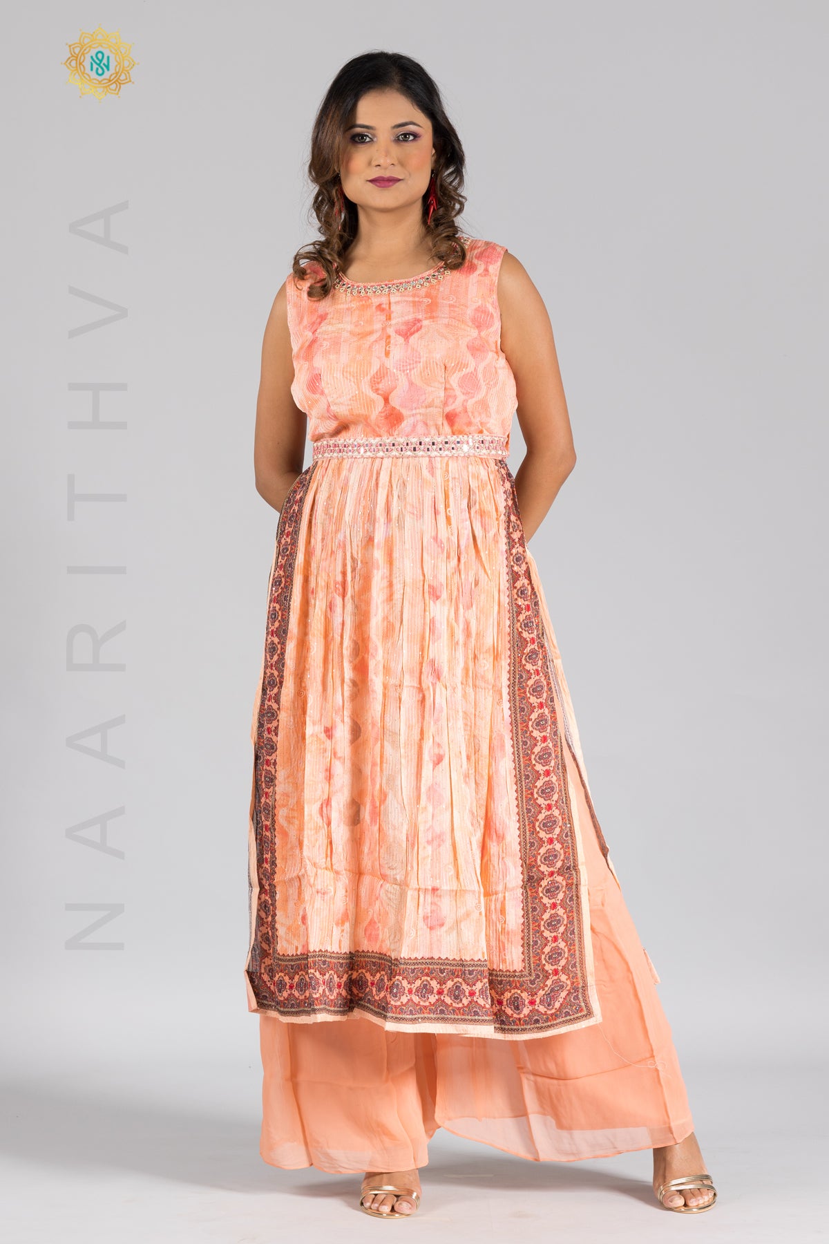 PEACH - PRINTED NAYRA CUT SALWAR SUIT WITH PALAZZO PANT & DUPATTA