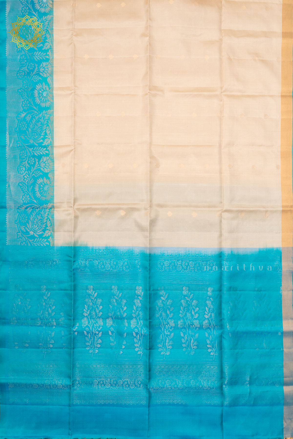 OFF WHITE WITH SKY BLUE - PURE KANJIVARAM SOFT SILK