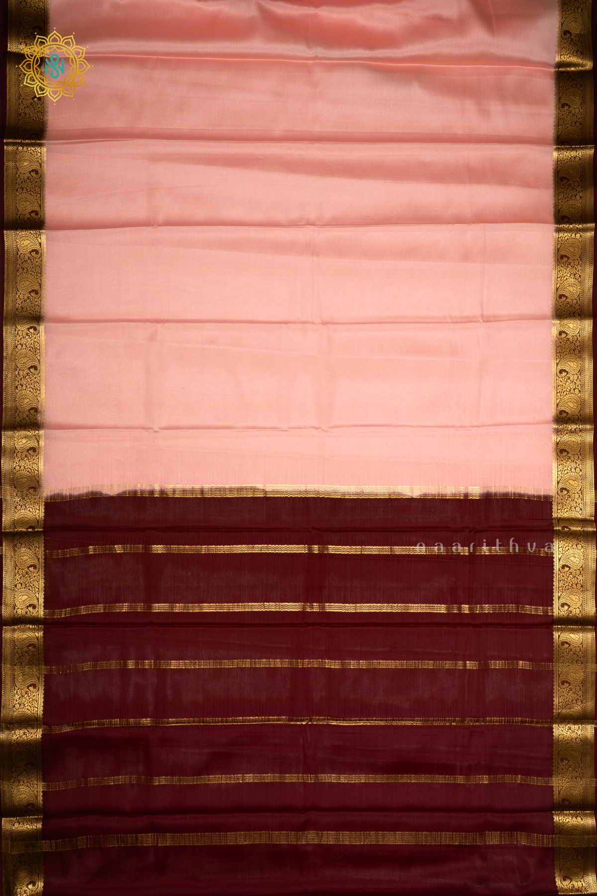 PEACH WITH BROWN - PURE MYSORE CREPE SILK