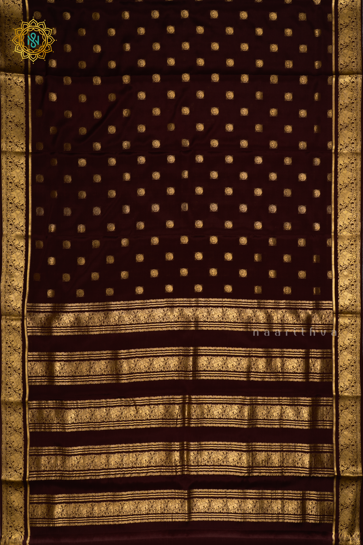 Chocolate Brown Pure Mysore Crepe Silk Saree with Zari Buttas On The Body and Zari Border