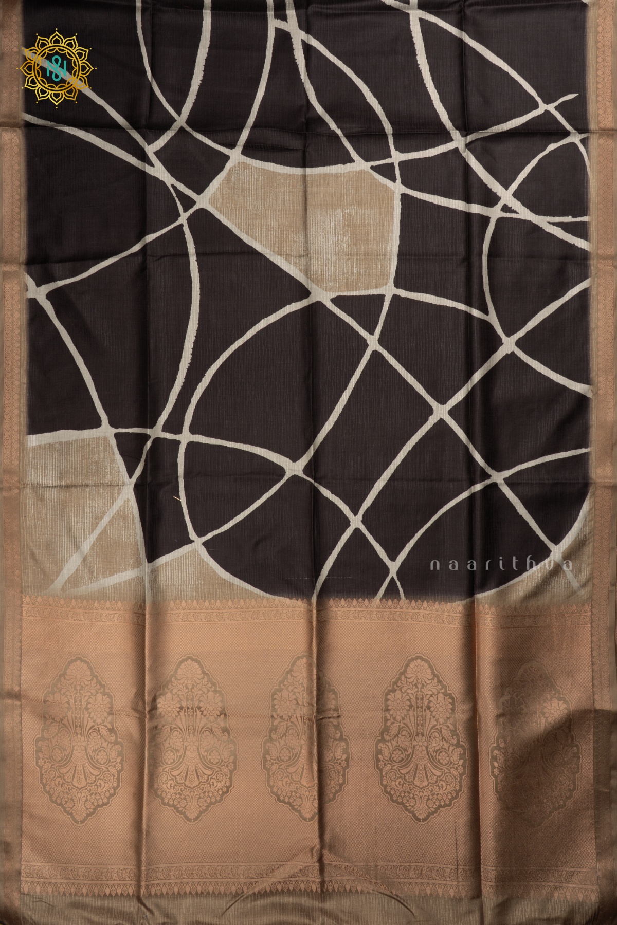 Black with Light Olive Green Semi Crepe Silk Saree with Printed Body, Zari Border, and Zari Pallu