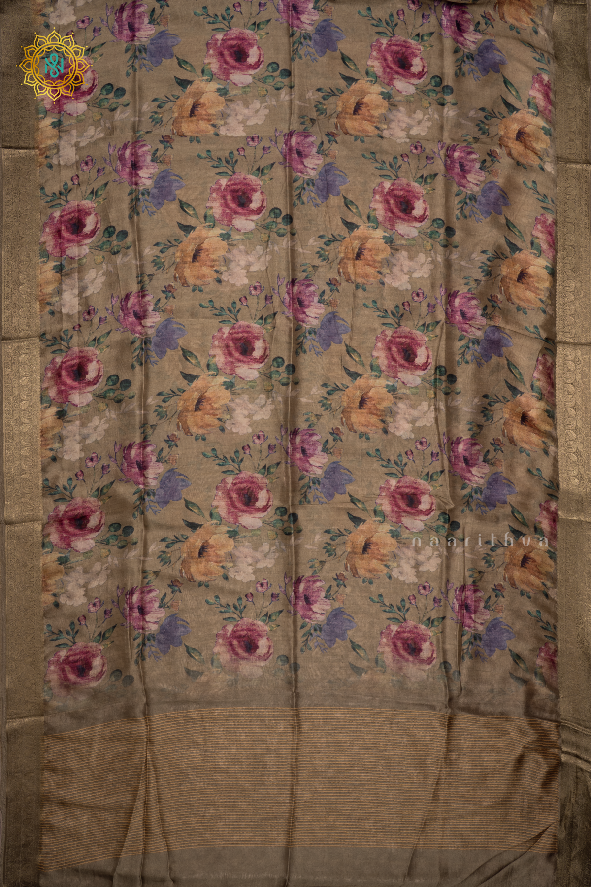 Light Brown Organza Crepe Saree With Floral Prints On The Body And Zari Border