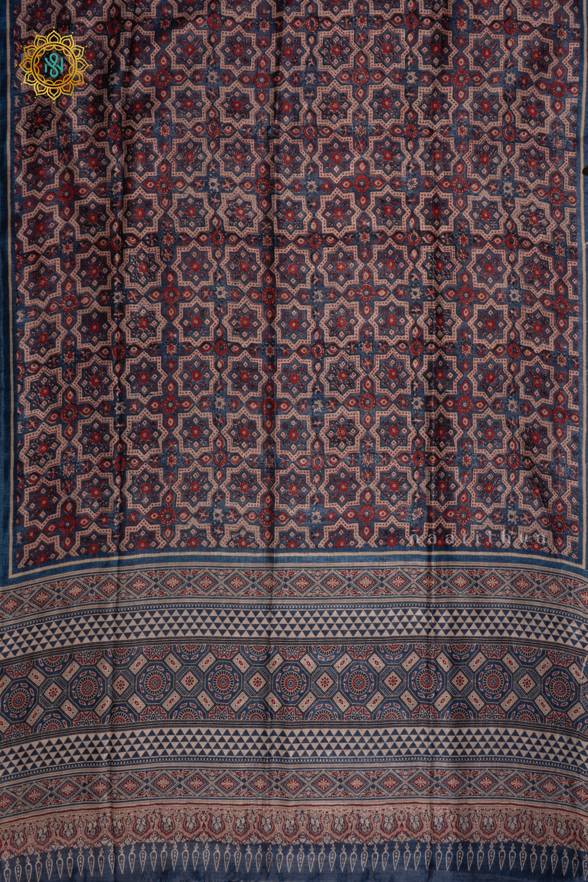 Blue - Semi Gicha Tussar Saree Allover Ajrakh Printed Body With Pallu And Blouse