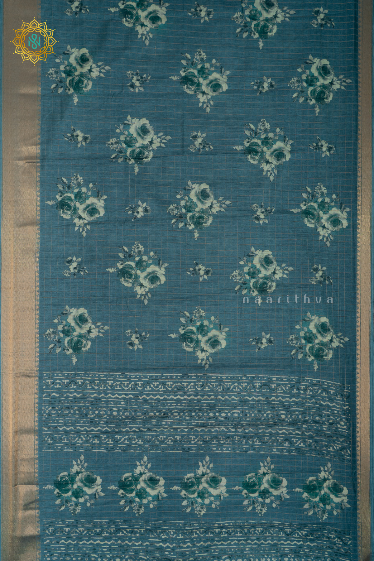 Aqua Green Dola Silk Saree With Zari Checks And Printed Body With Zari Border