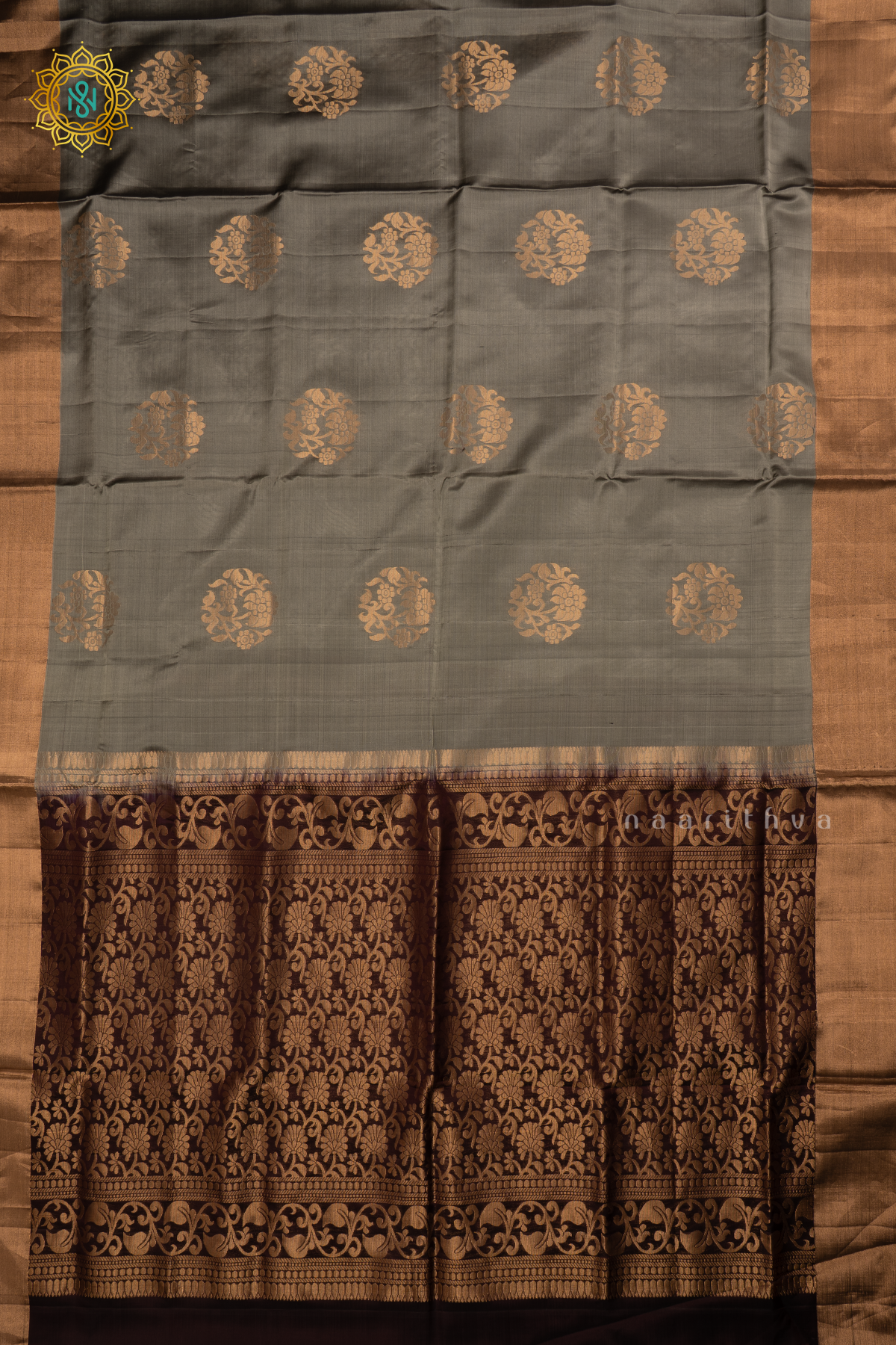 Grey with Brown Pure Mix Kanjivaram Soft Silk Saree with All-Over Zari Buttas and a Contrast Zari Border