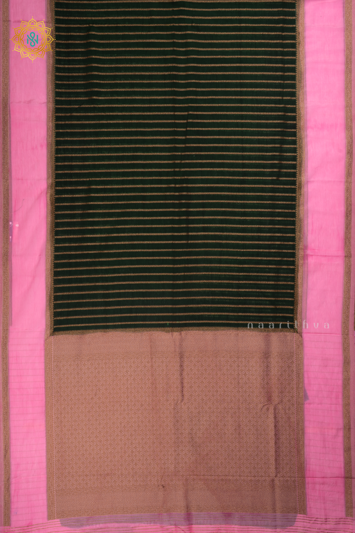Bottle Green with Light Pink Semi Chiffon Georgette Saree with Allover Zari Stripes and Zari Gap Border
