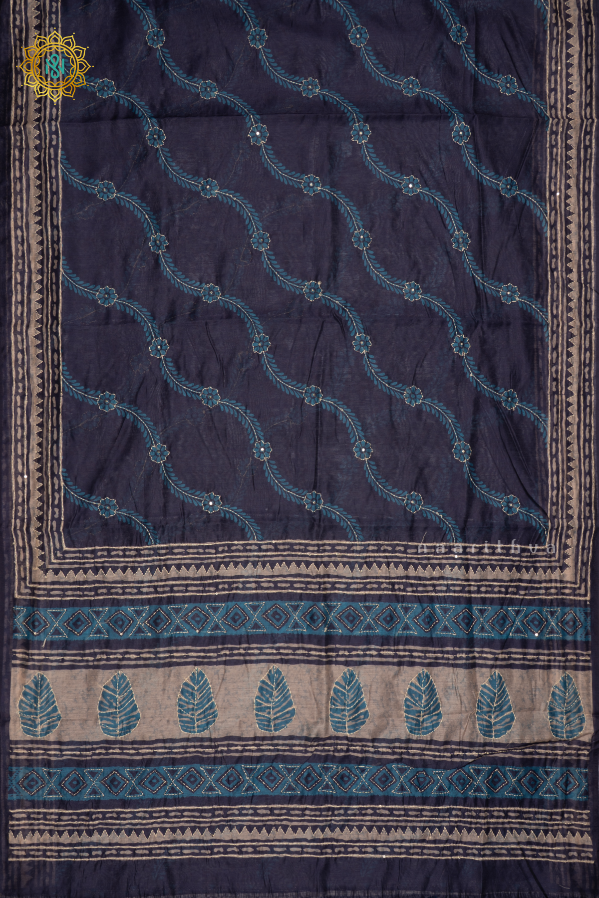 Indigo Chanderi Cotton Saree With Printed Body And Katha Work All Over