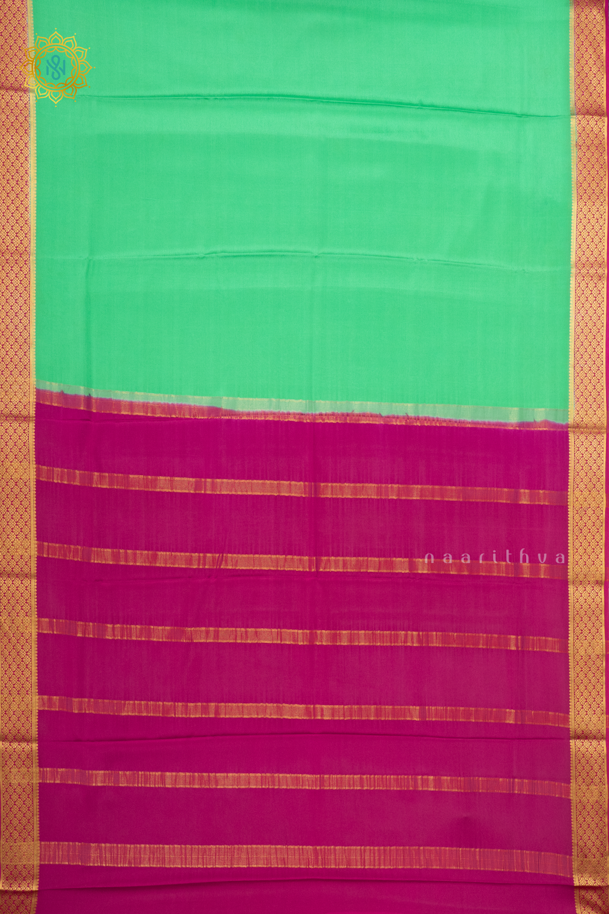 AQUA GREEN WITH PINK - PURE MYSORE CREPE SILK