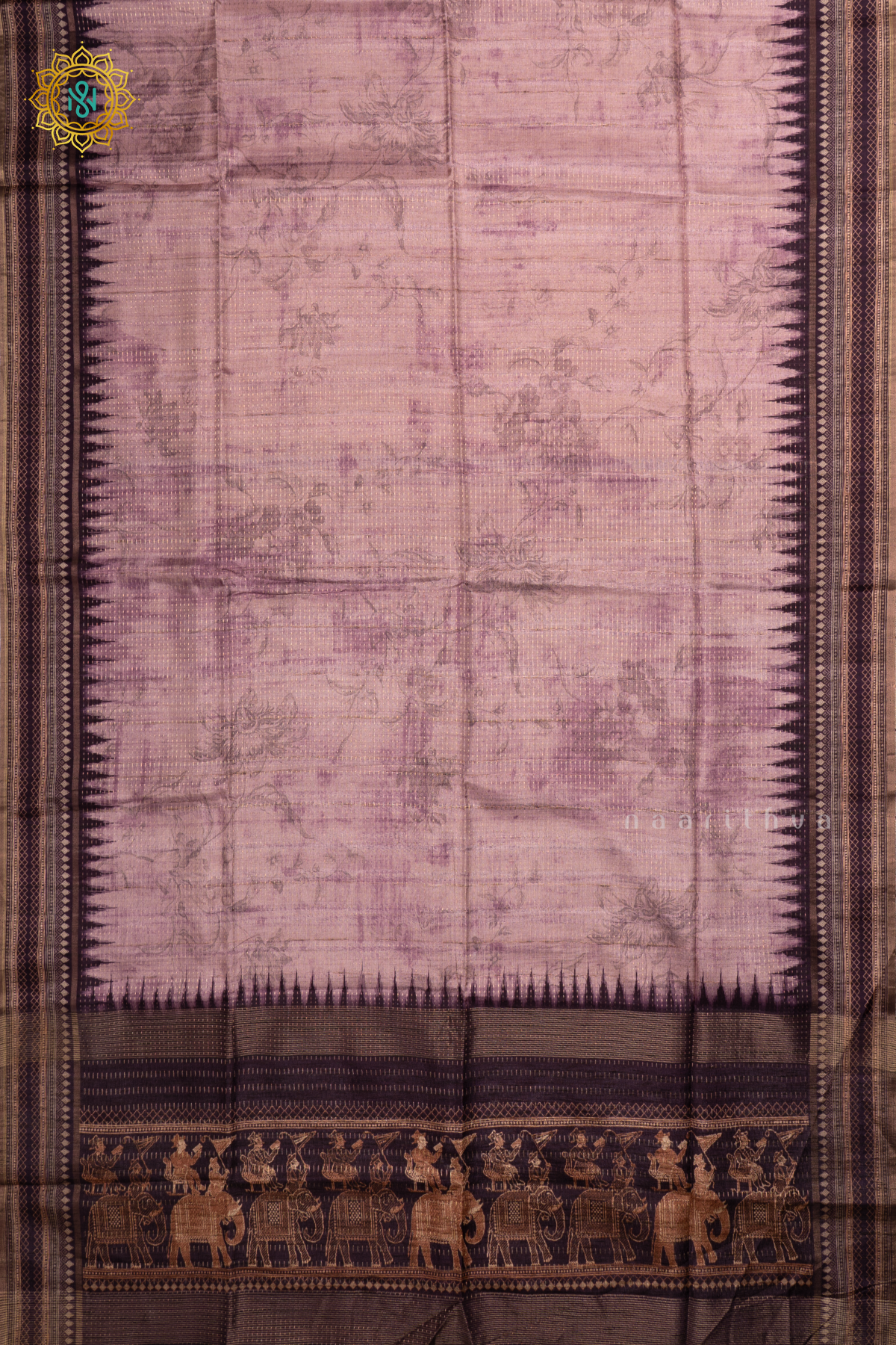 Lavender With Purple Semi Tussar Silk Saree With Printed Body, Zari Stripes And Printed Border