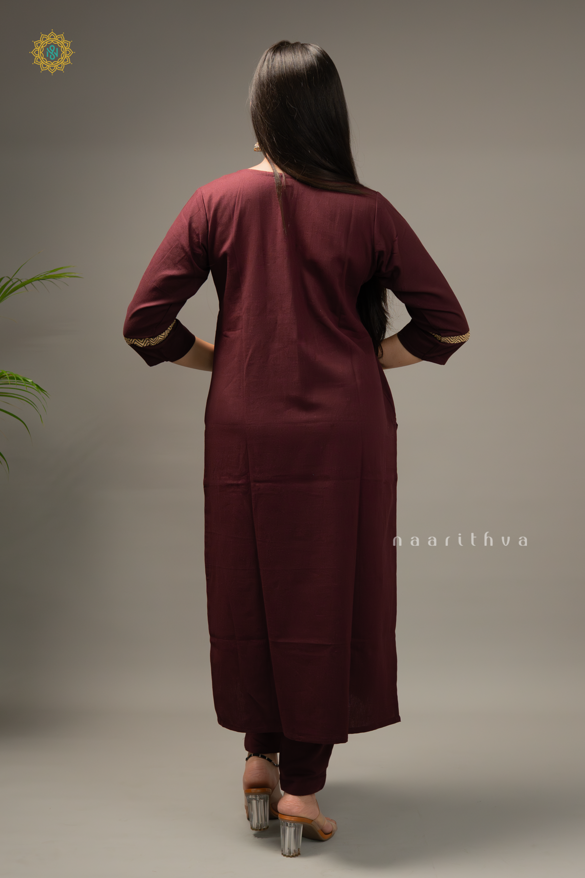 WINE WITH BLACK - COTTON 3PC SALWAR SUIT WITH TOP, BOTTOM & DUPATTA