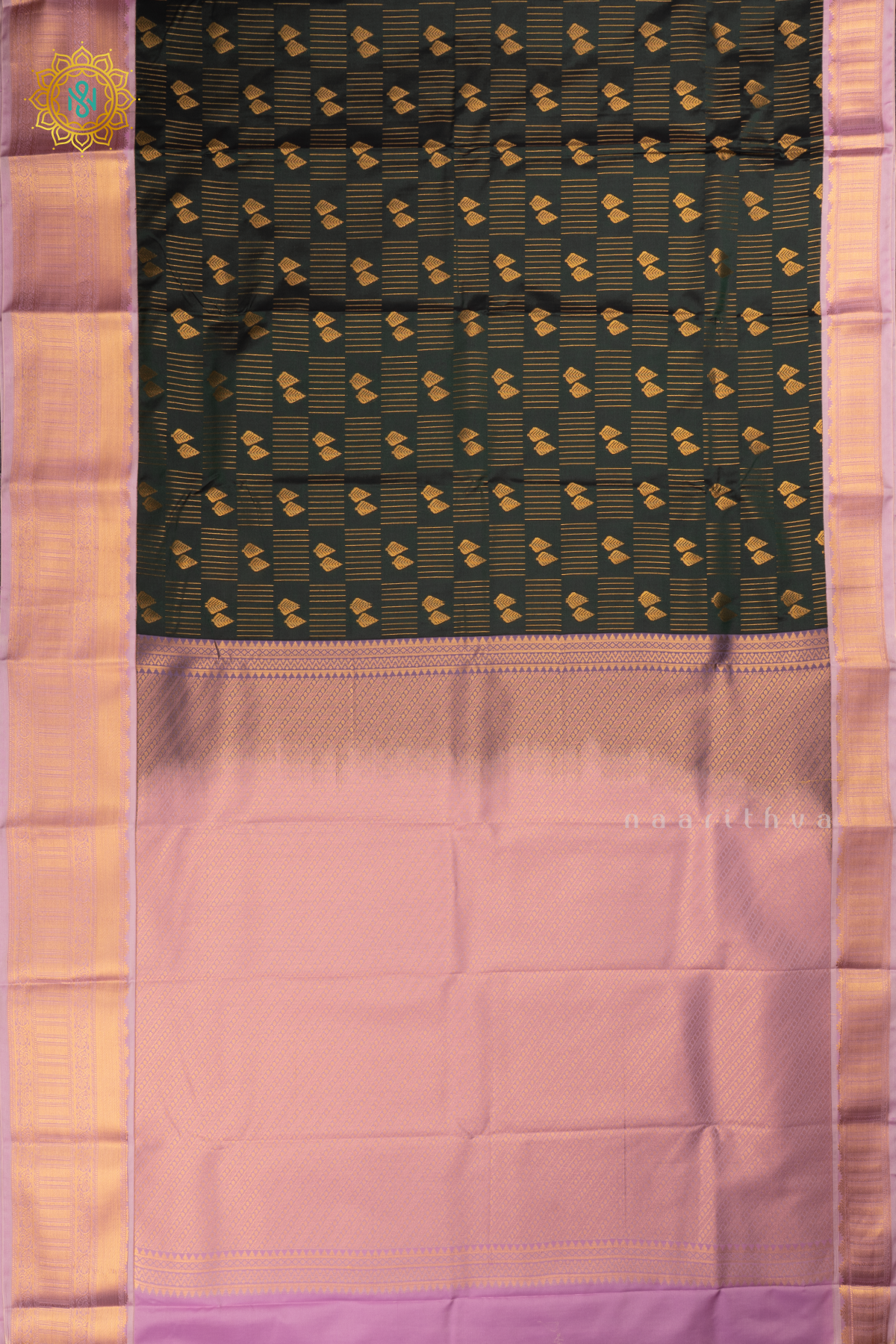 Dark Peacock Green with Lavender Semi Kanchi Saree With Zari Buttas All Over And Contrast Zari Border
