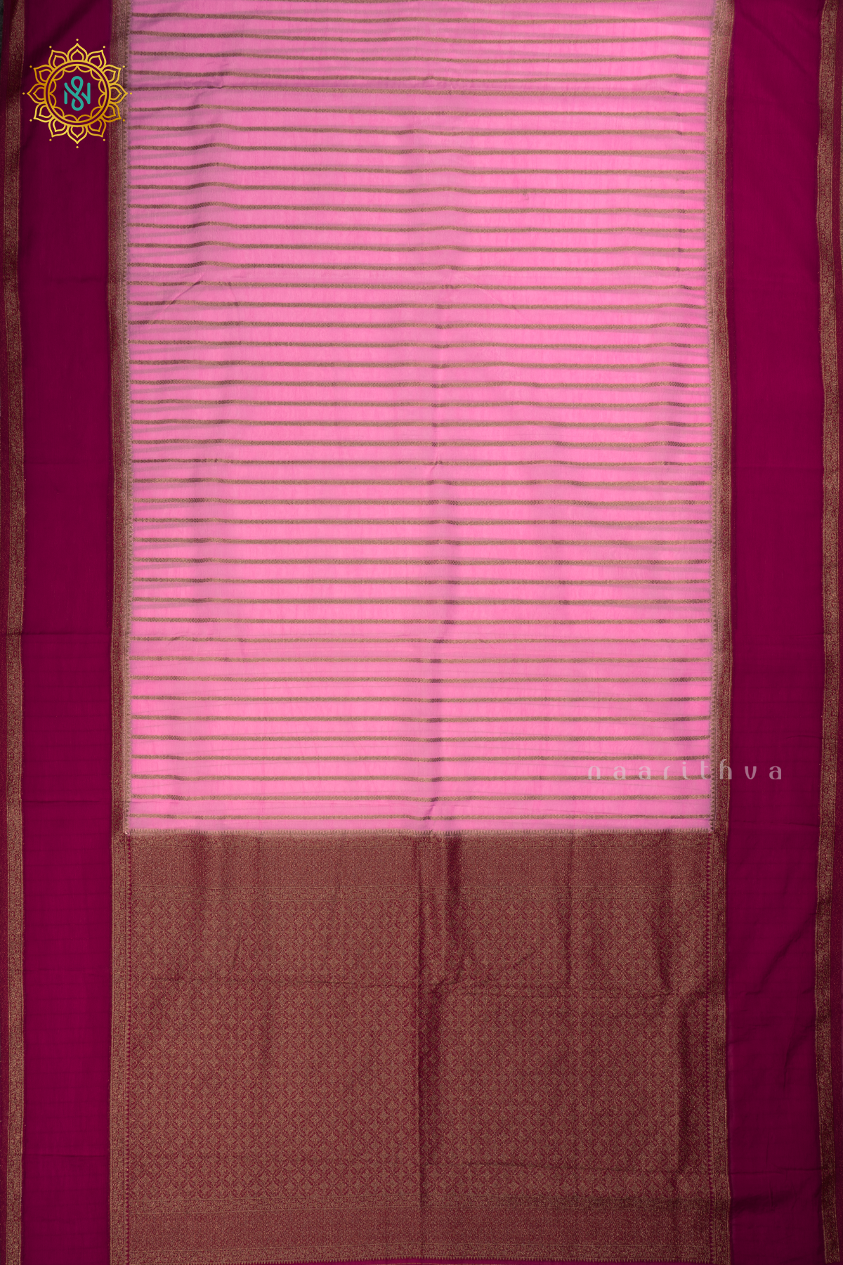 Pinkish lavender and Pink Semi Chiffon Georgette Saree with Allover Zari Stripes and Zari Gap Border