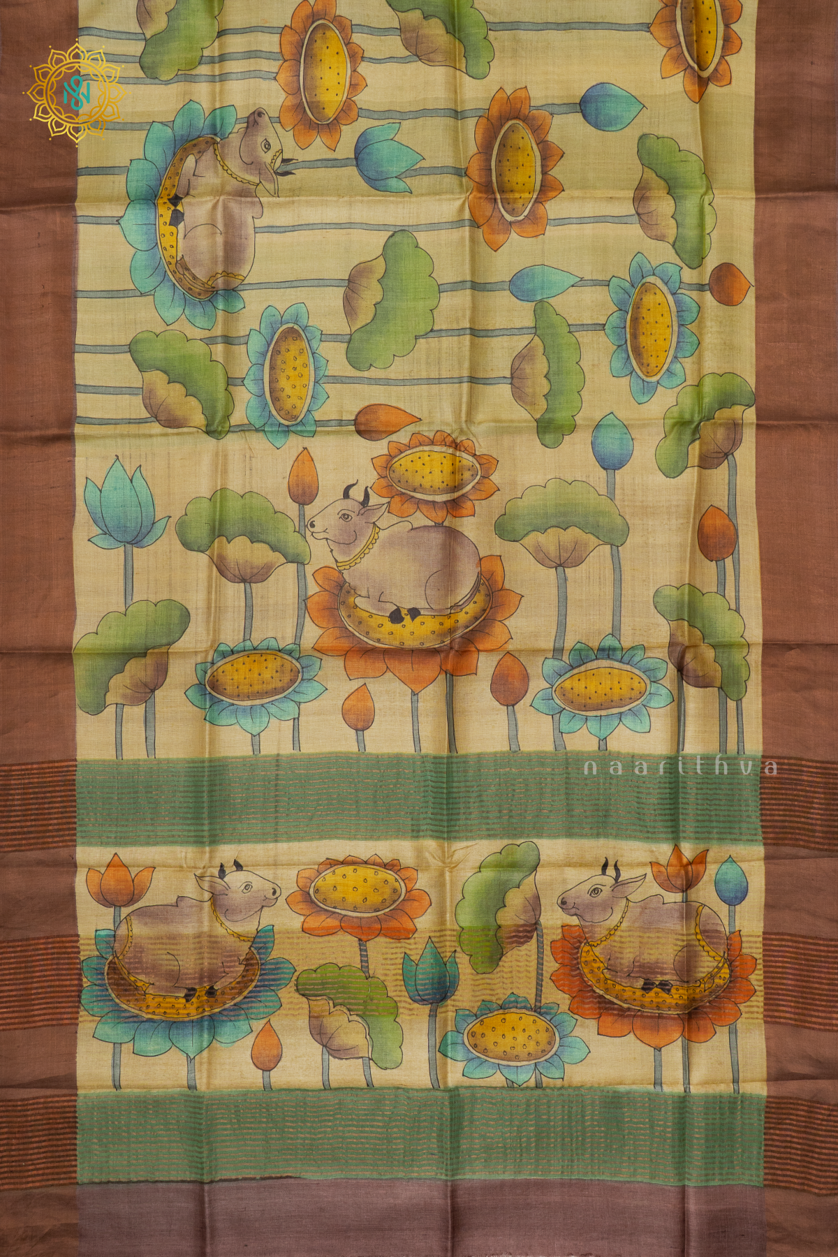 GREEN WITH LIGHT BROWN - PURE TUSSAR SILK