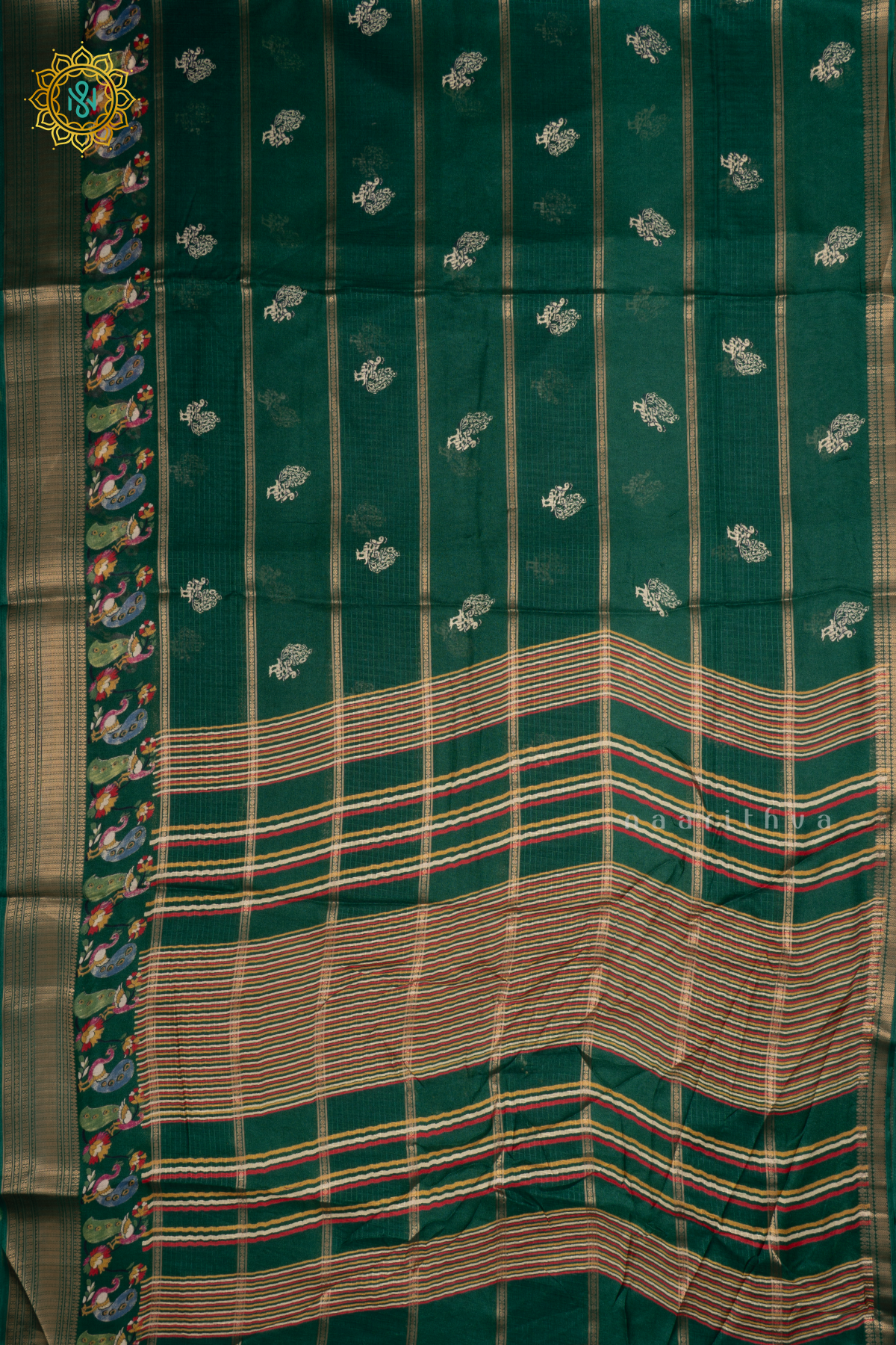 Bottle Green - Semi Georgette Saree Allover Printed Buttas And Zari Border