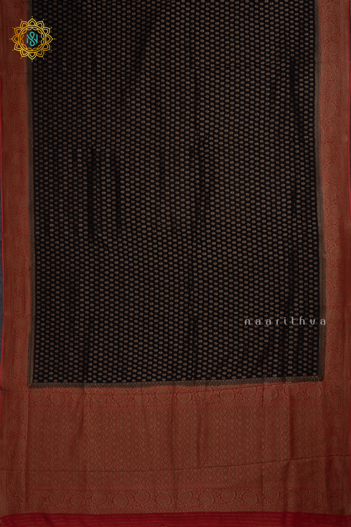 Black With Red Semi Banarasi Georgette Saree Allover Zari Buttas On The Body With Contrast Zari Border & Pallu