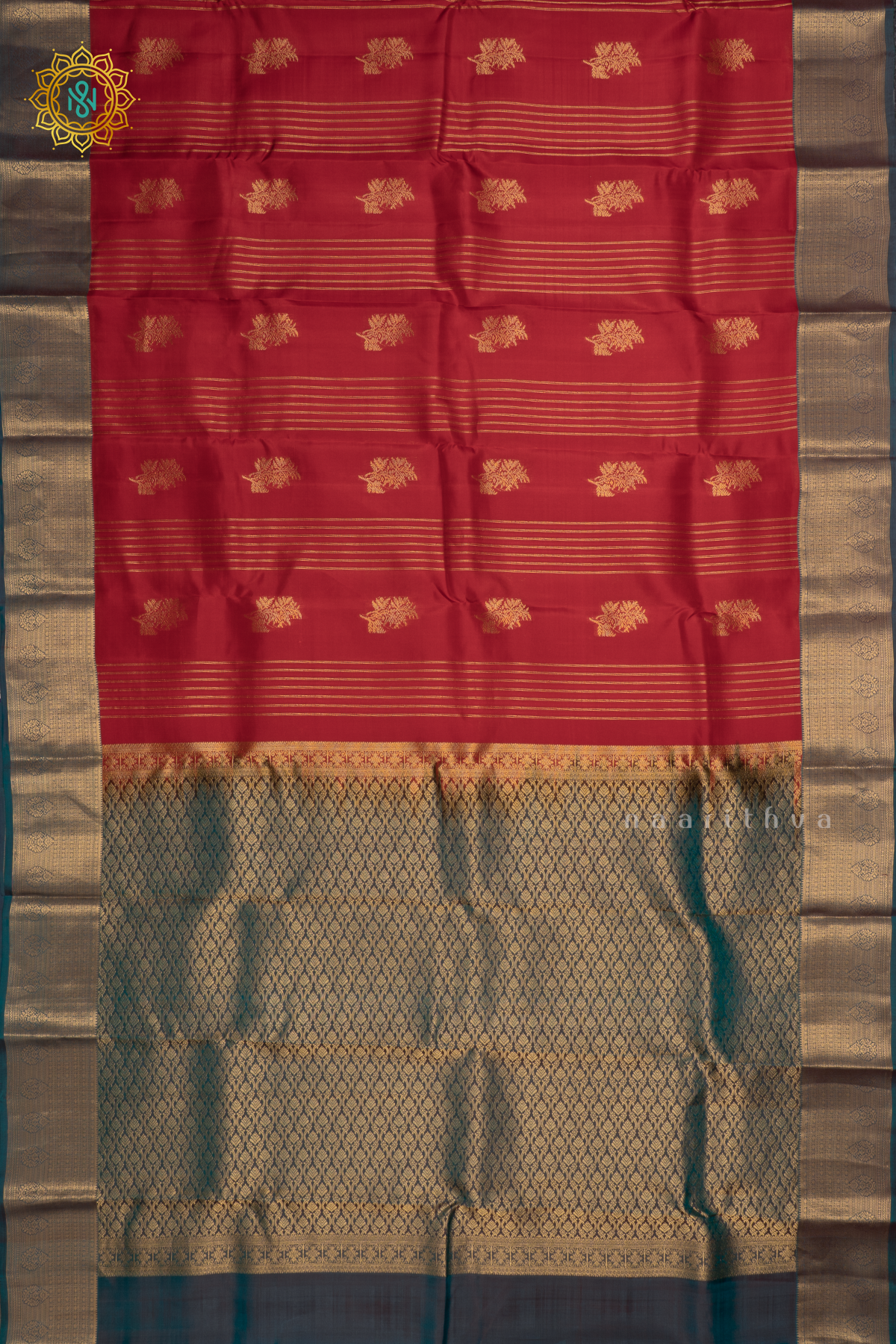 RED WITH CYAN BLUE- PURE MIX KANJIVARAM SILK SAREE ALLOVER ZARI WOVEN STRIPES &BUTTAS WITH ZARI WOVEN CONTRAST BORDER WITH CONTRAST PALLU & BLOUSE