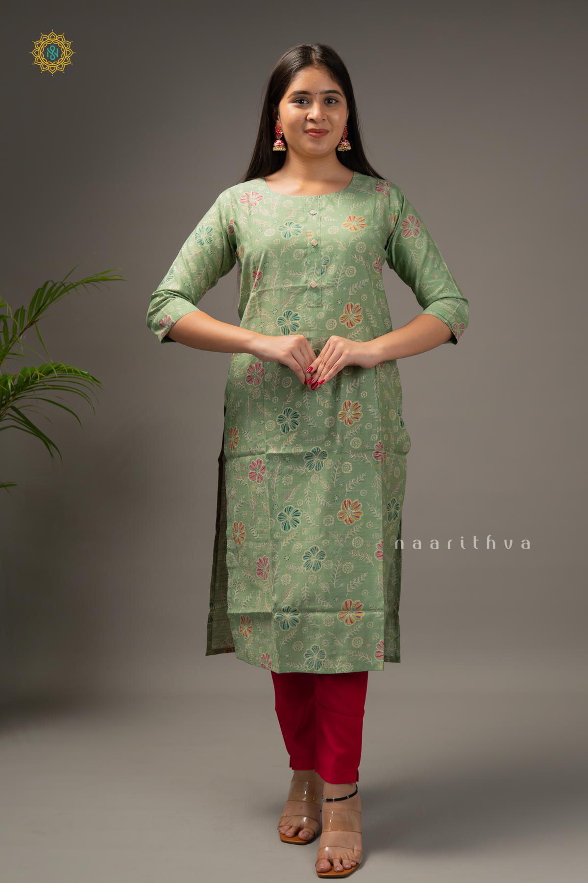 SAGE GREEN WITH PINK - COTTON 3PC SALWAR SUIT WITH TOP, BOTTOM & DUPATTA