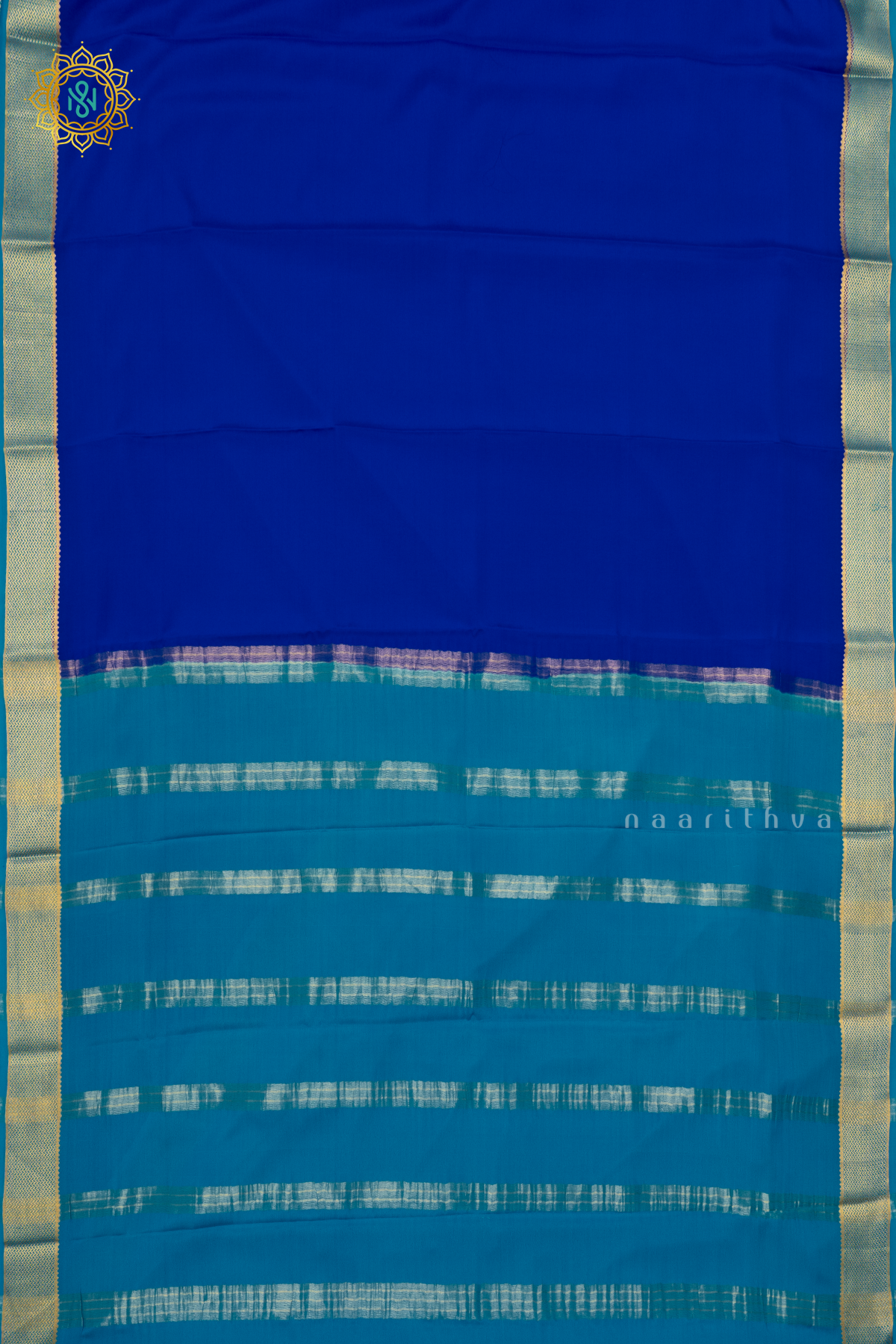 ROYAL BLUE WITH SKY BLUE - PURE MYSORE CREPE SILK