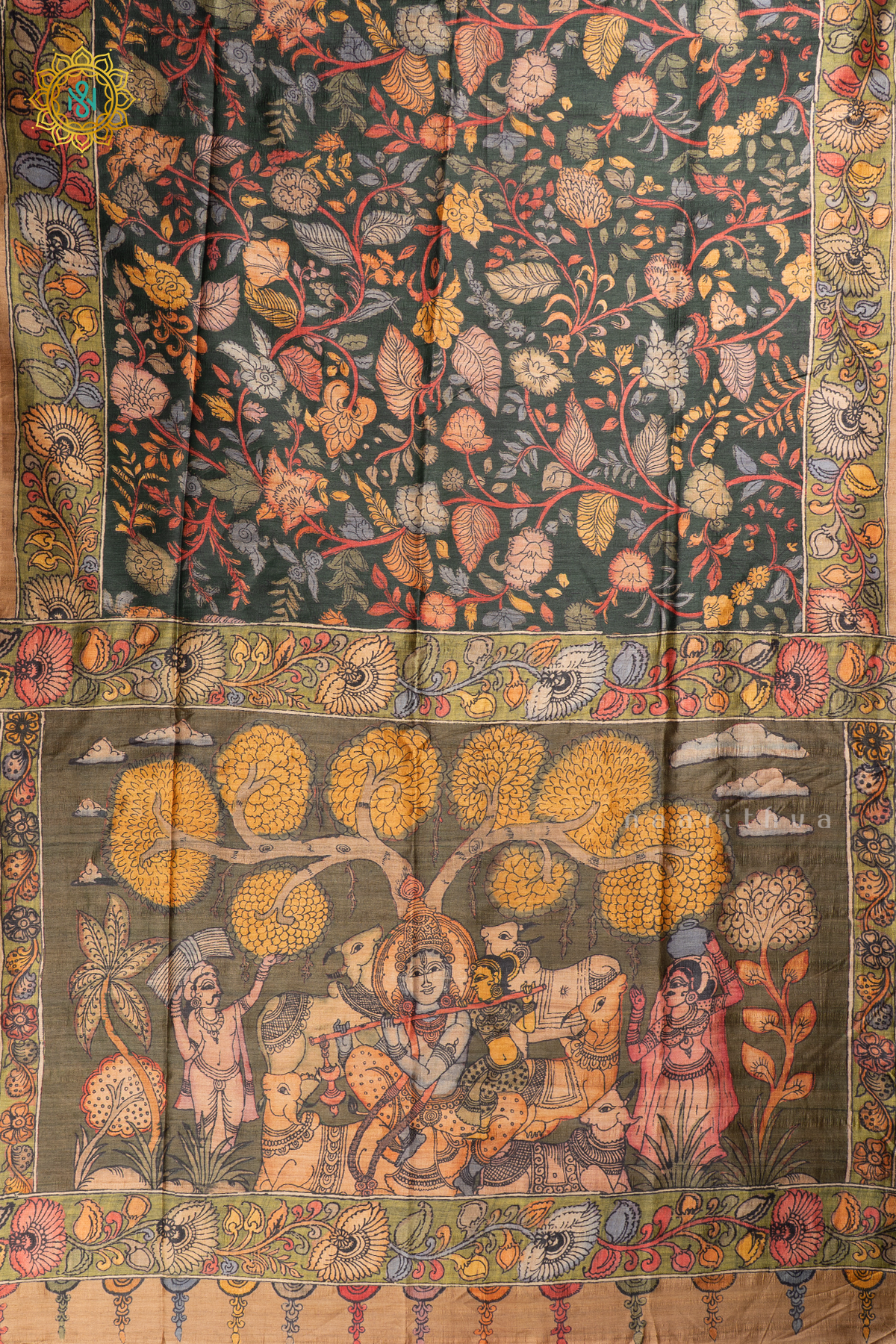 Green - Semi Gicha Tussar Saree Allover Kalamkari Printed Body With Pallu And Blouse