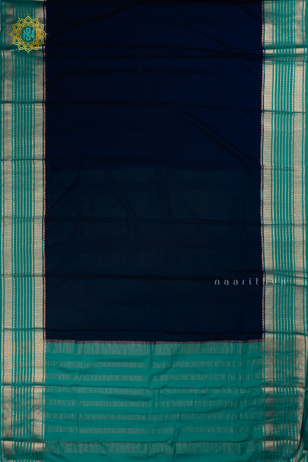 Peacock Blue with Aqua Blue - Semi Crepe Silk Saree with Allover Plain Body with Contrast Zari Border, Pallu and Blouse