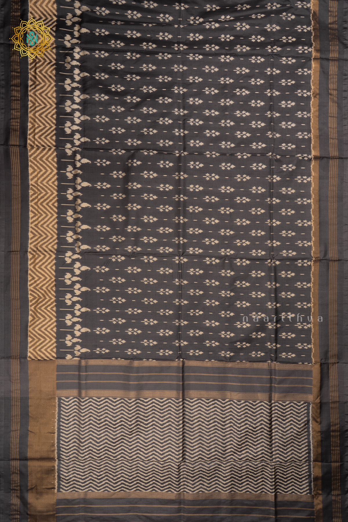 Elephant Grey Ikkat Pure Silk Saree with Patola Printed Body and Zari Border