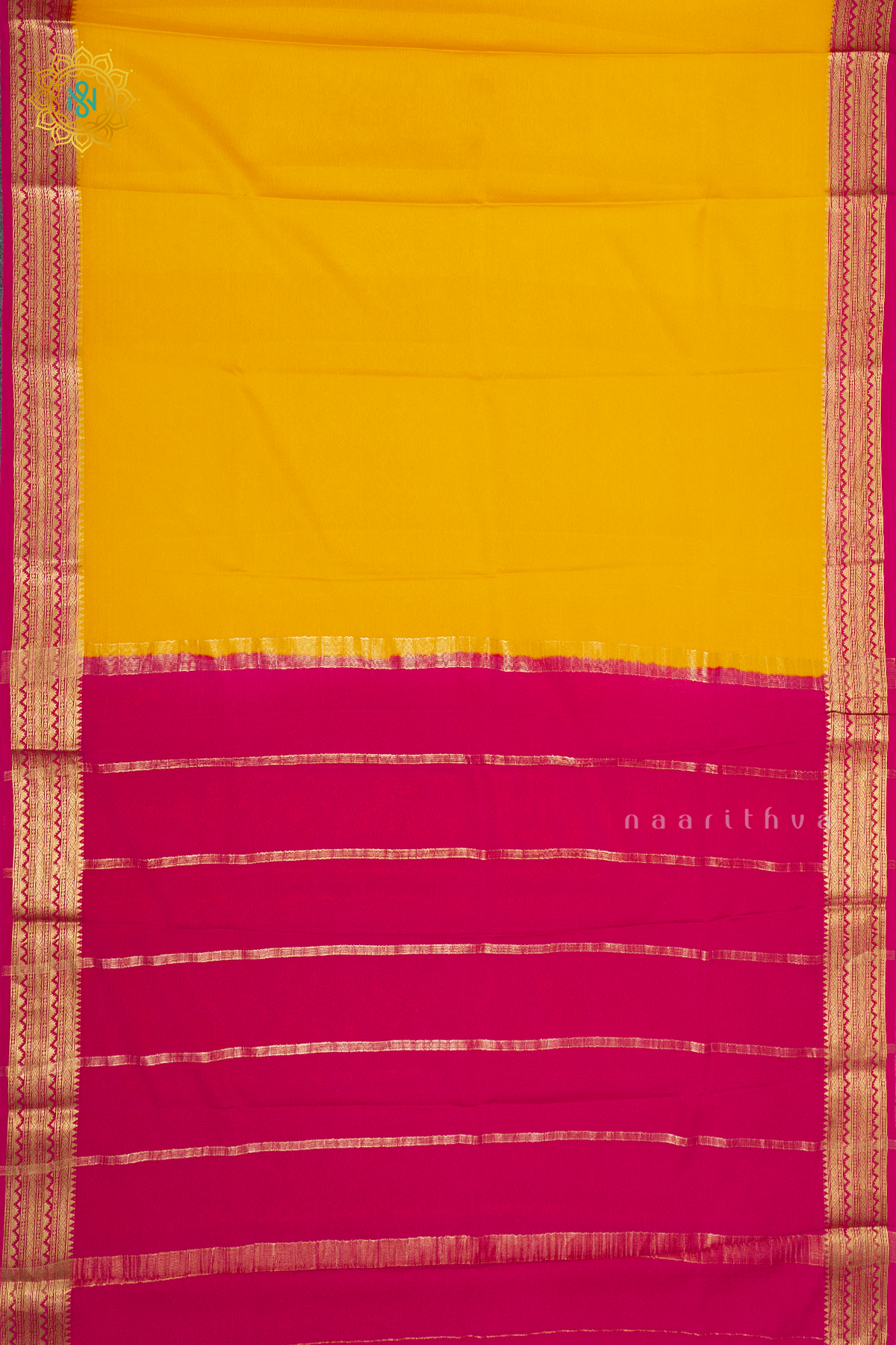 YELLOW WITH PINK - PURE MYSORE CREPE SILK
