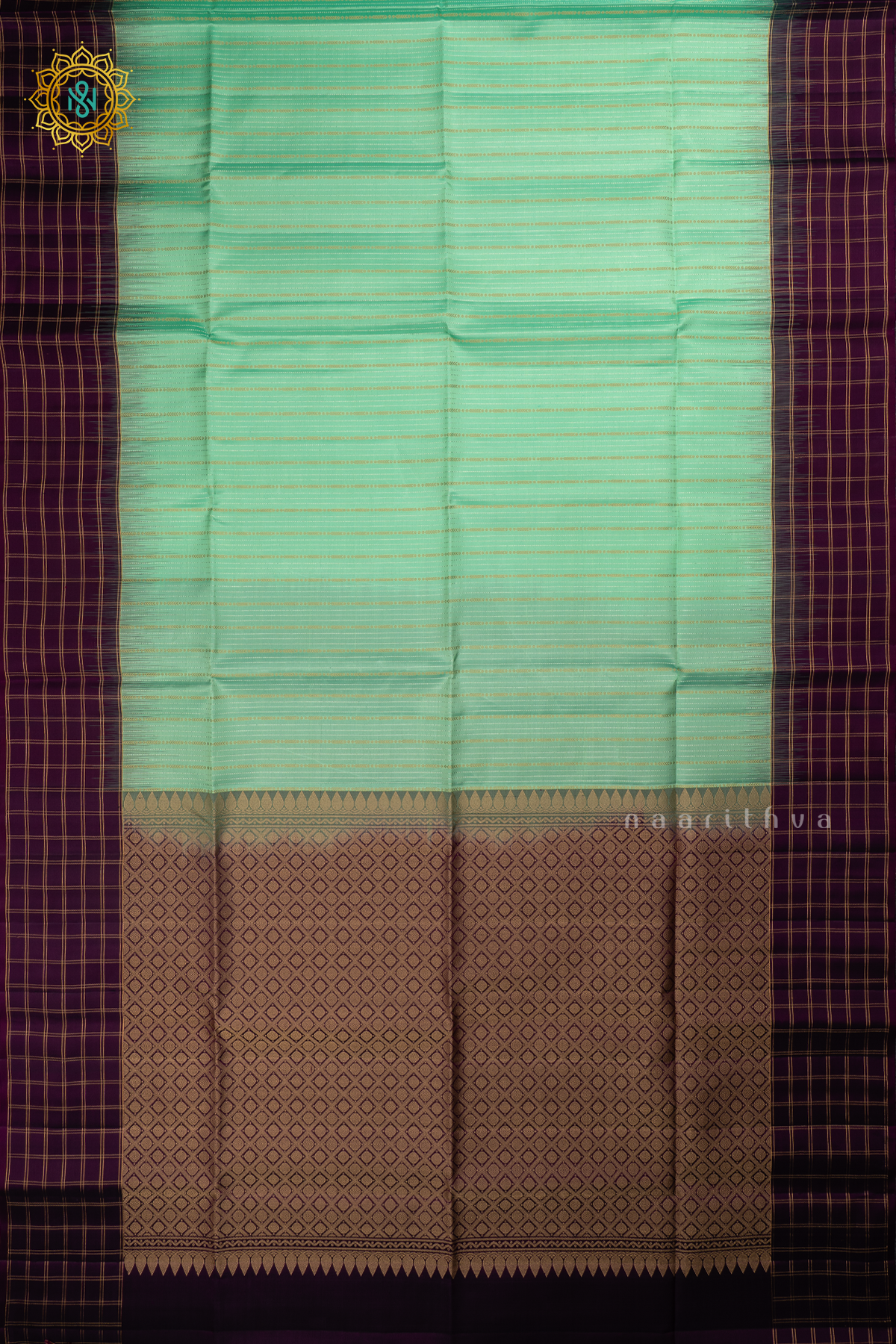 Aqua Green with Purple Pure Kanjivaram Soft Silk Saree With Allover Zari Stripes and Contrast Zari Checks Border