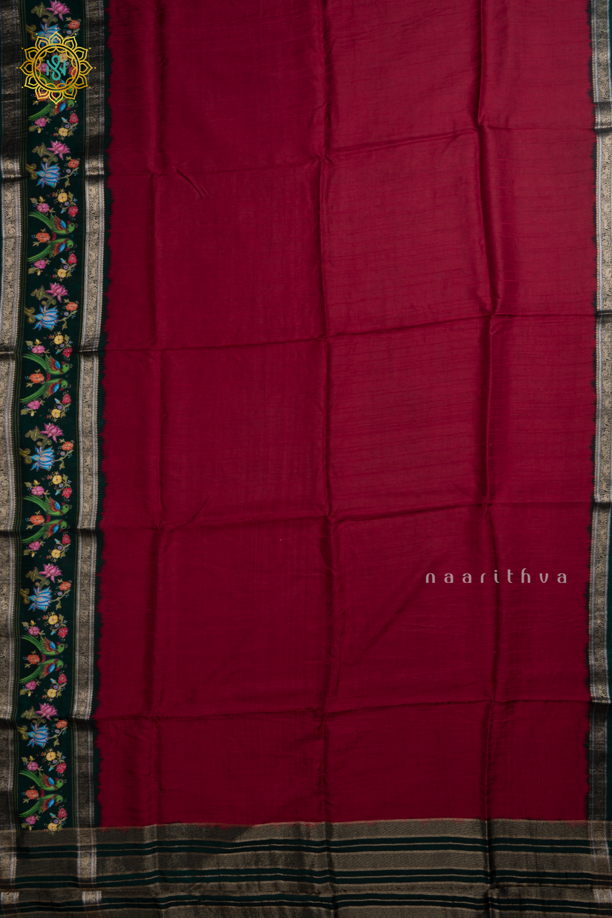 Red With Green Printed Semi Crepe Silk With Contrast Border, Pallu