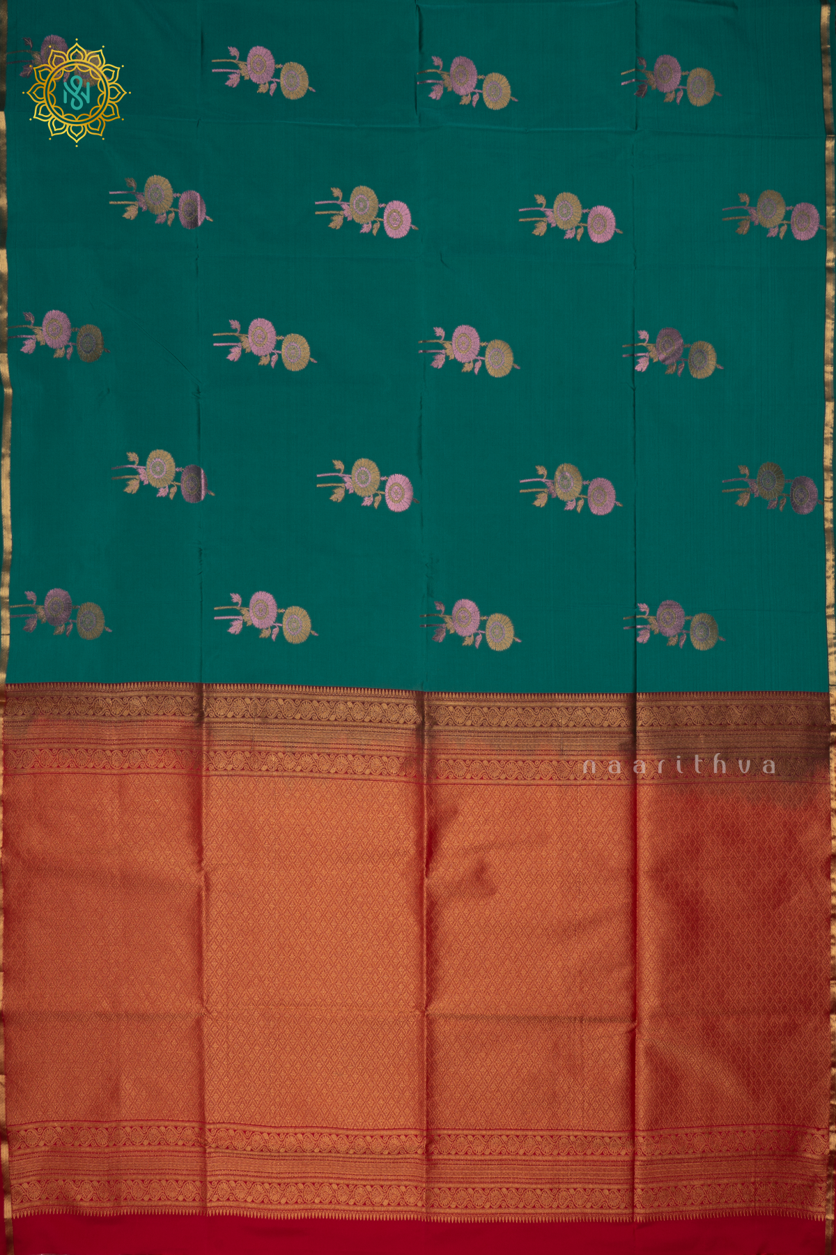 CYAN BLLUE WITH RED- SEMI SOFT SILK SAREE ALLOVER ZARI BUTTAS AND CONTRAST GAP BORDER