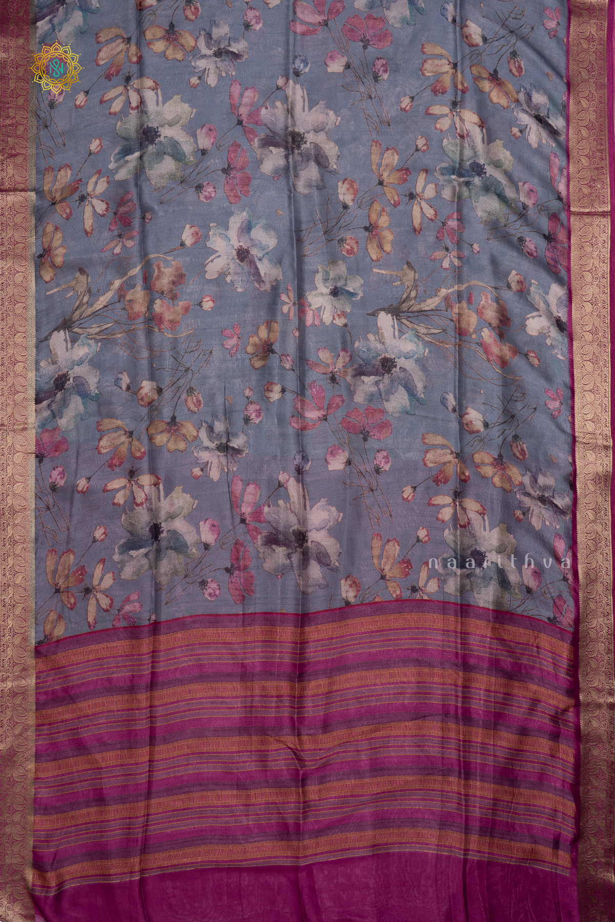 Elephant Grey With Magenta Organza Crepe Saree With Printed Body And Zari Border