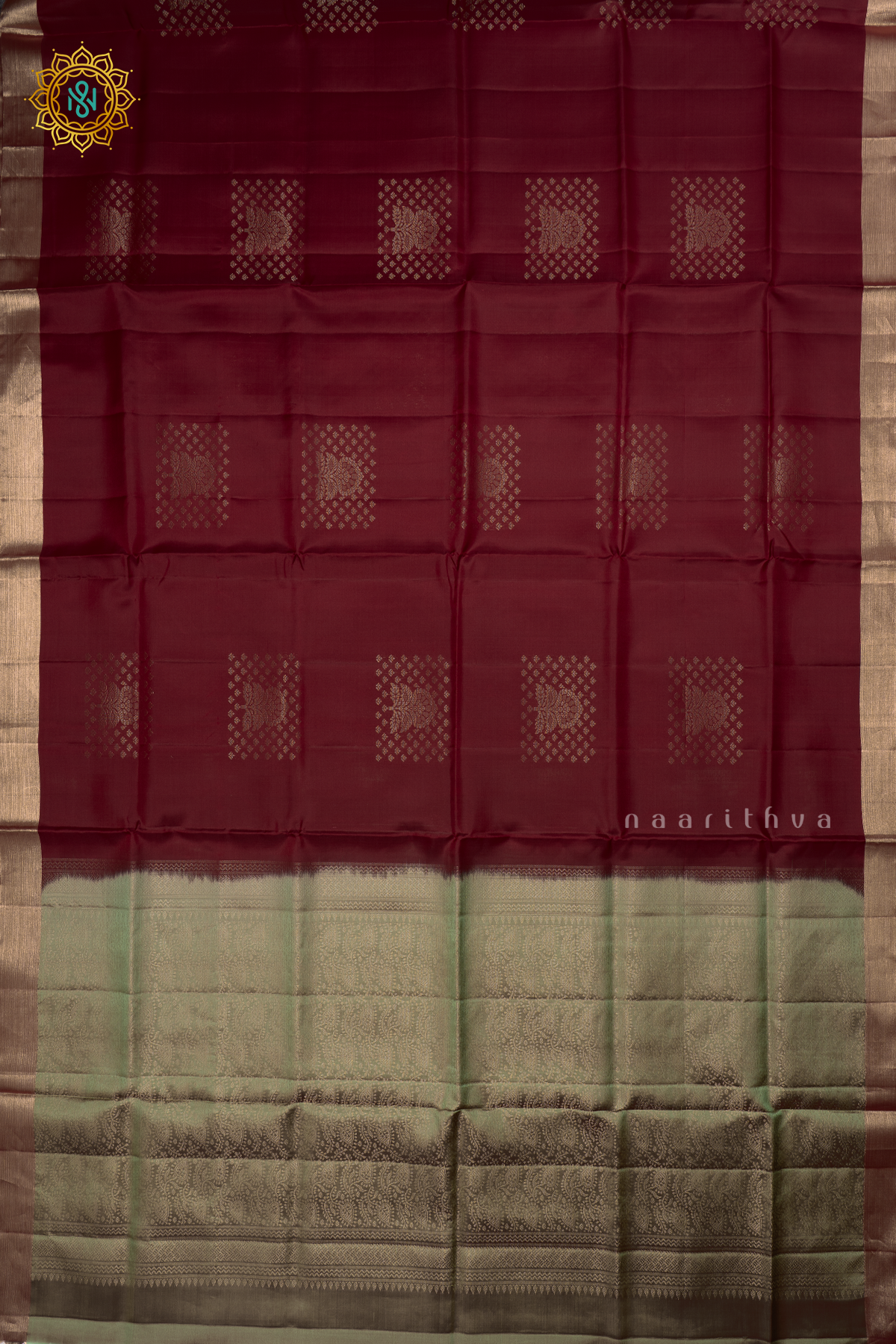 Maroon with Green Pure Mix Kanjivaram Soft Silk Saree with All-Over Zari Buttas and a Contrast Zari Border