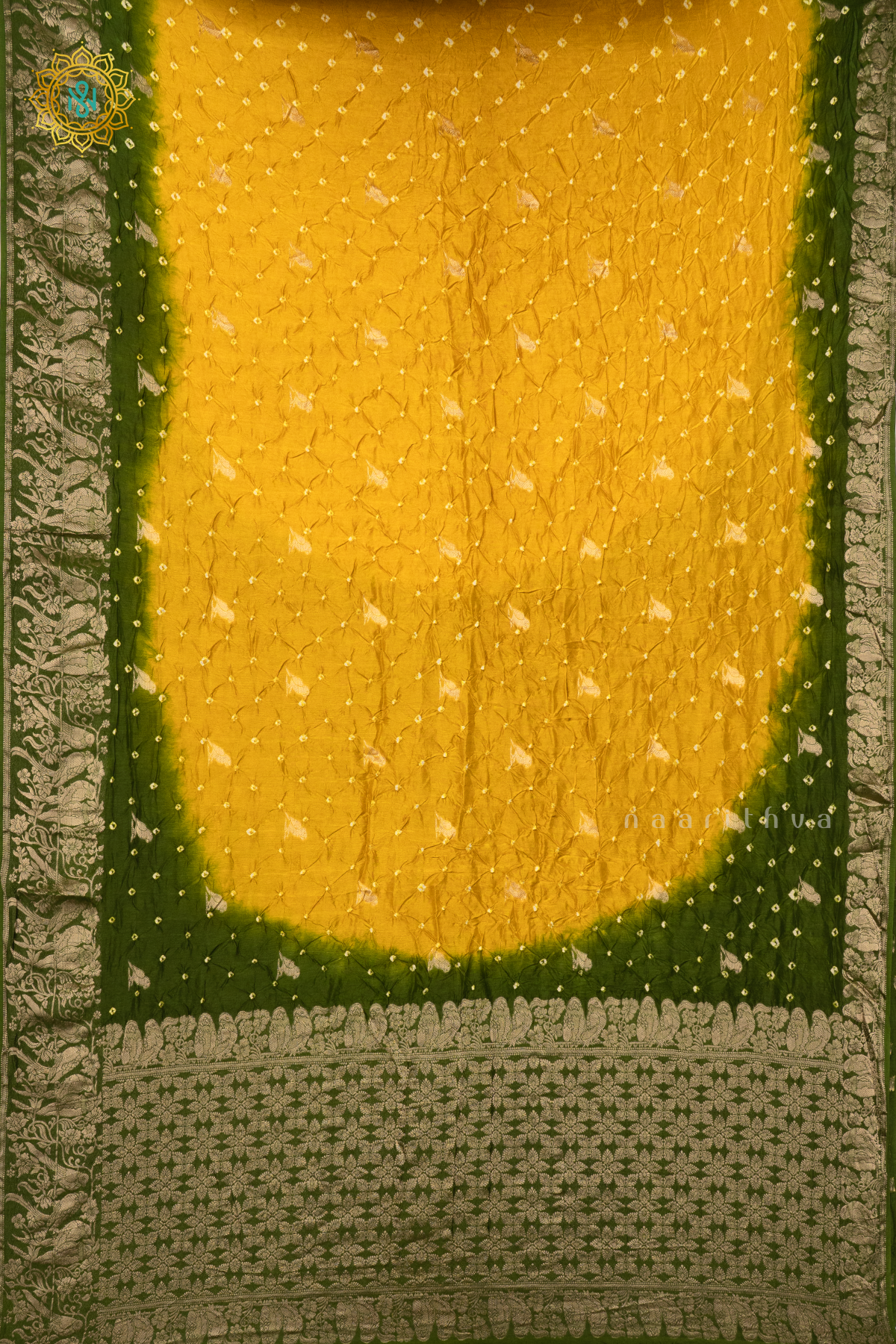 YELLOW WITH GREEN - SEMI TUSSAR WITH BANDHINI TIE & DYE