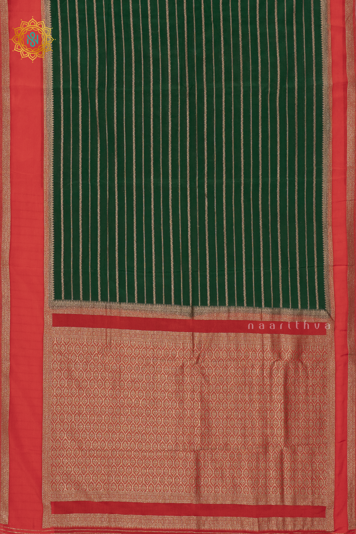 BOTTLE GREEN WITH RED - SEMI CREPE GEORGETTE