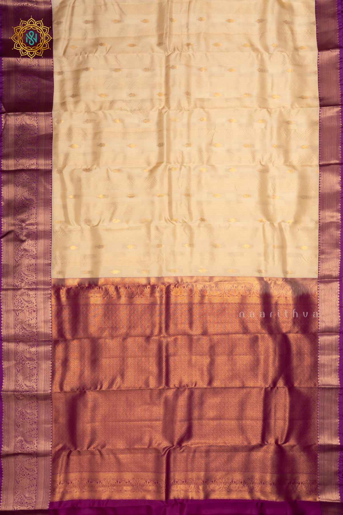 Off-White with Magenta Pure Mix Kanjivaram Silk Saree with Zari Woven Stripes, Buttas and Zari Woven Contrast Border