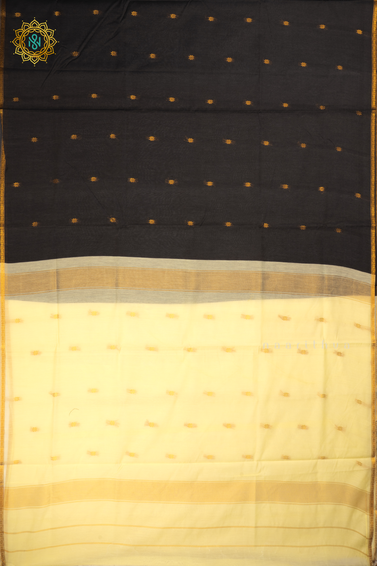 Black With Off-white Silk Cotton Saree Allover Zari Woven Buttas With Contrast Zari Border